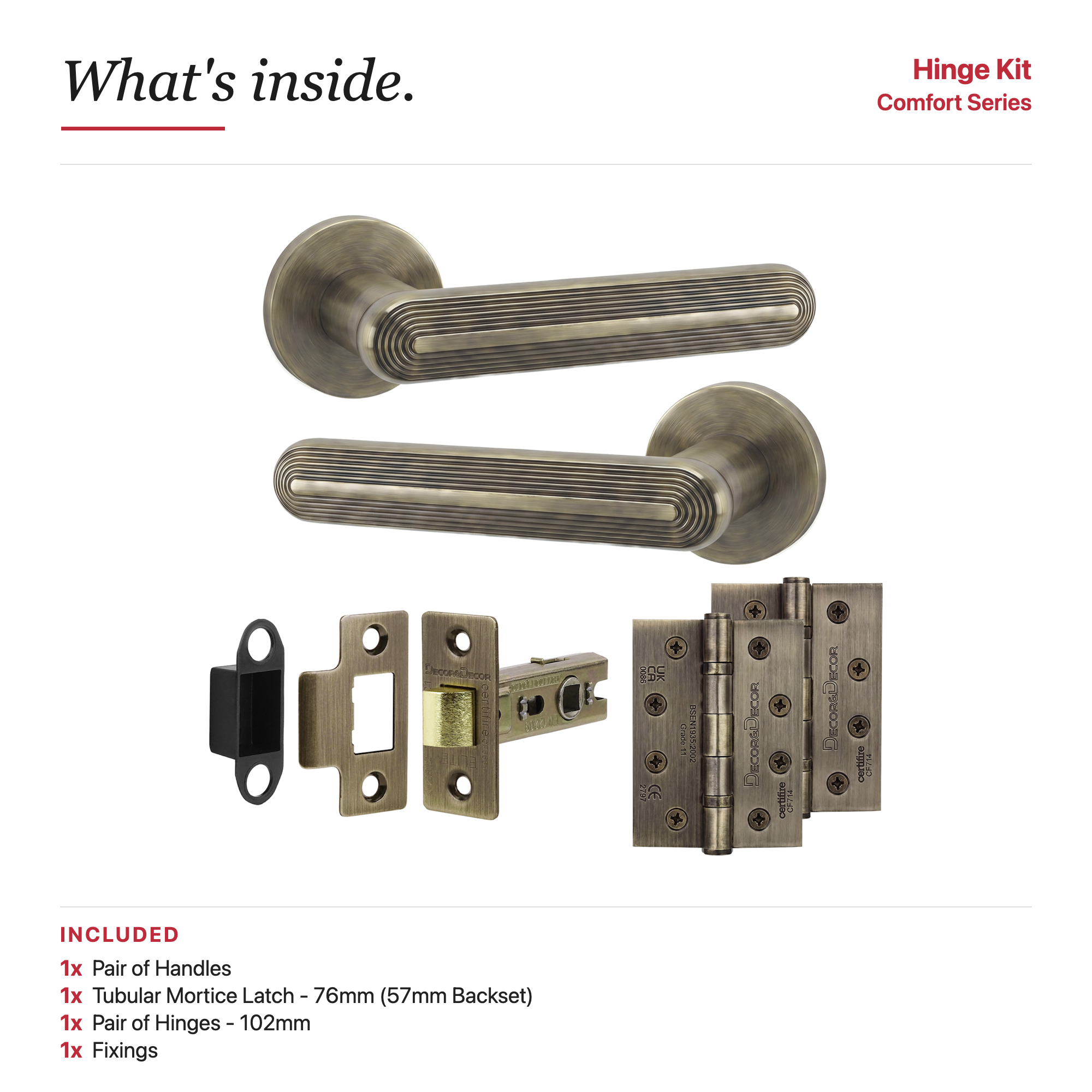 Marin Antique Brass Passage Door Lever Handles - Hinge Kit 102mm - Decor And Decor
