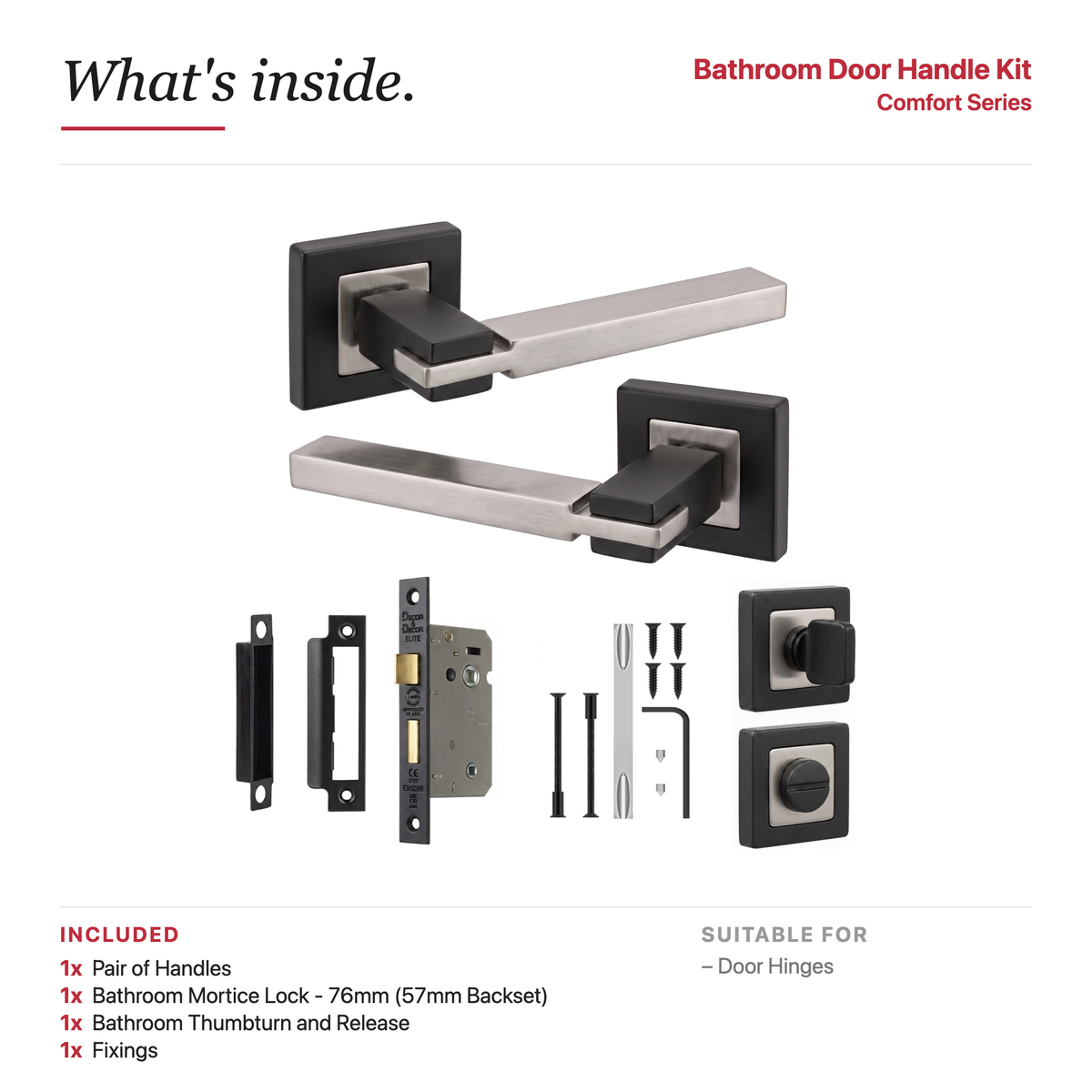 Nexus Duo Finish Bathroom Door Lever Handles – showing what's included in the box