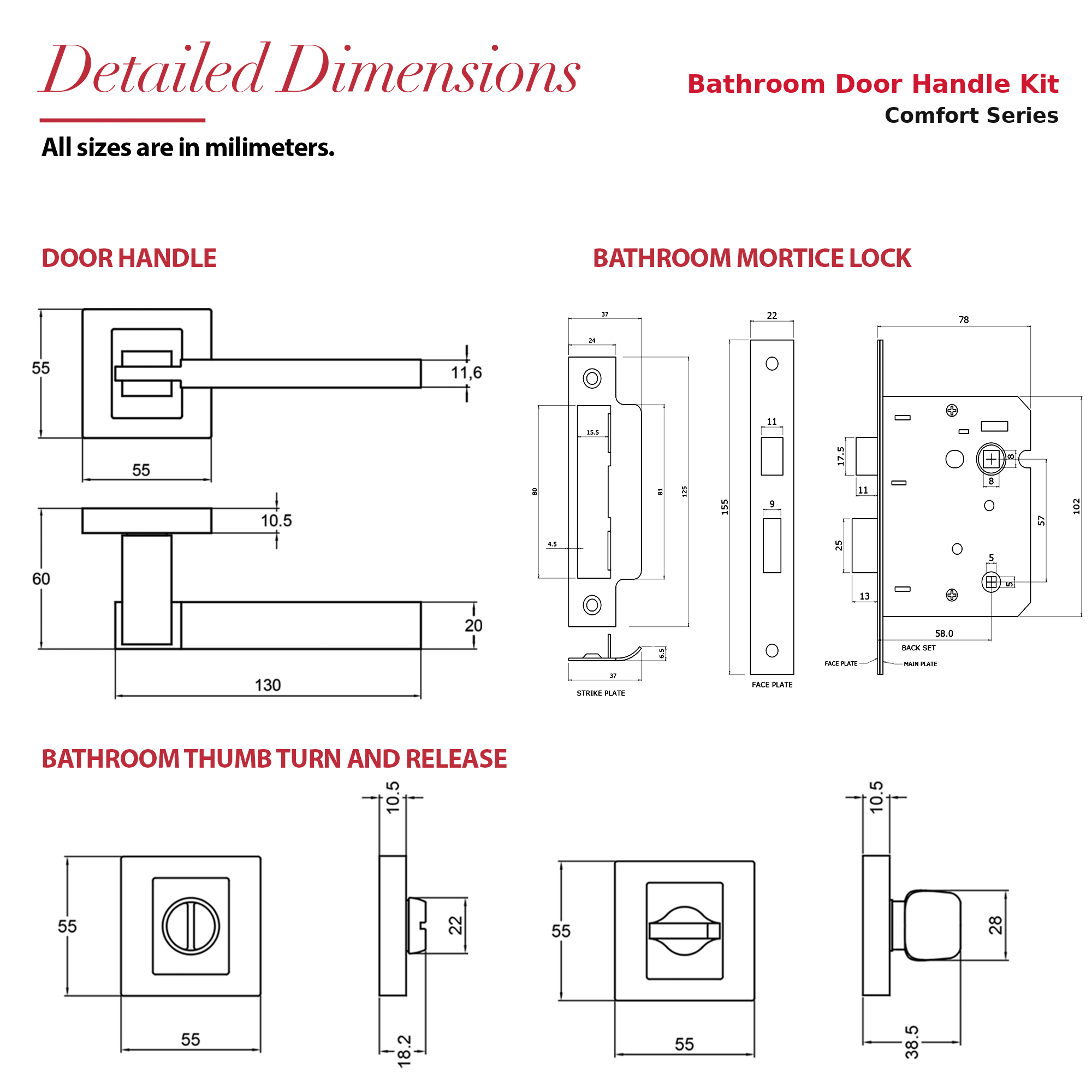 Nexus Matt Black Bathroom Door Lever Handles – dimensions and measurements diagram