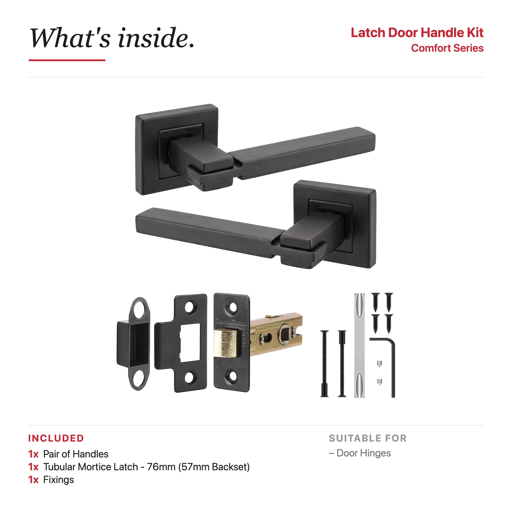 Nexus Matt Black Passage Door Lever Handles – showing what's included in the box