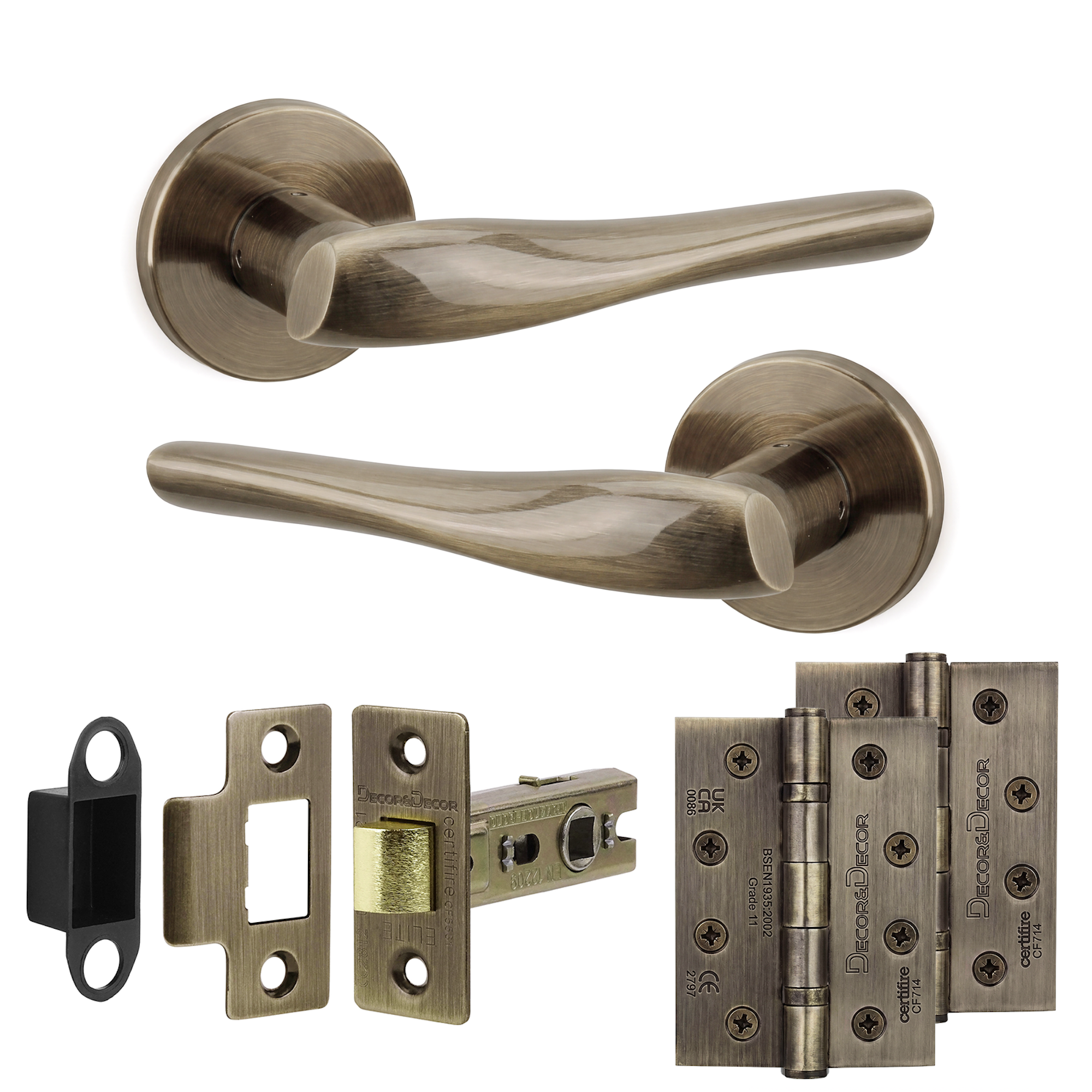 Nanda Antique Brass Passage Door Lever Handles - Hinge Kit 102mm