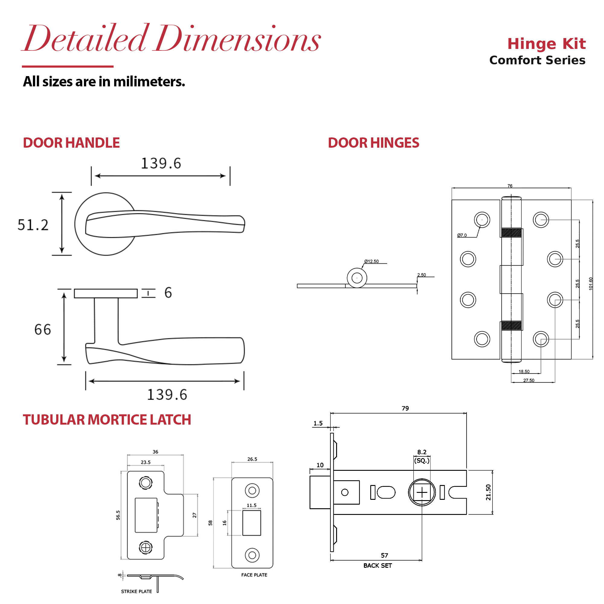 Nanda Antique Brass Passage Door Lever Handles – dimensions and measurements diagram