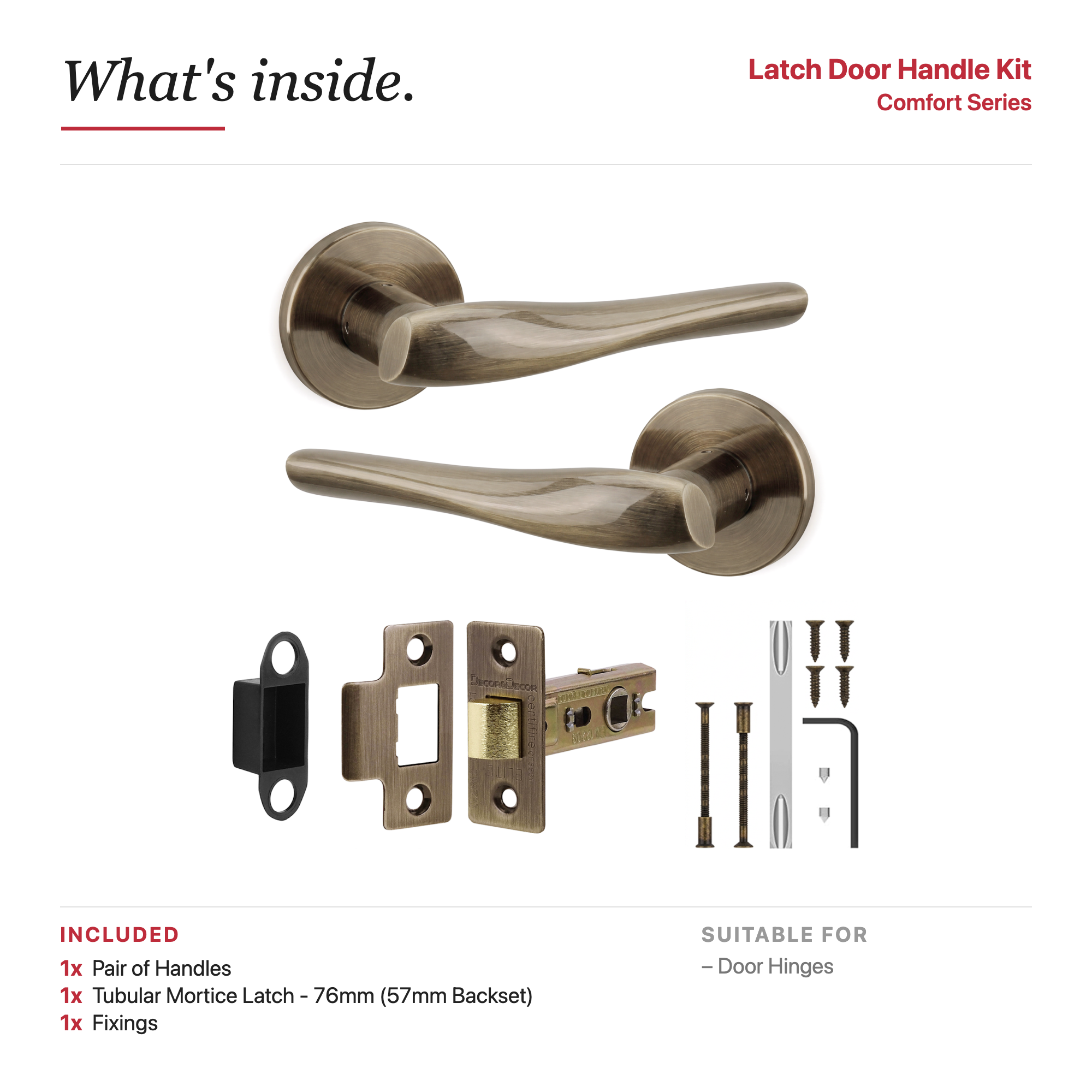 Nanda Antique Brass Passage Door Lever Handles – showing what's included in the box