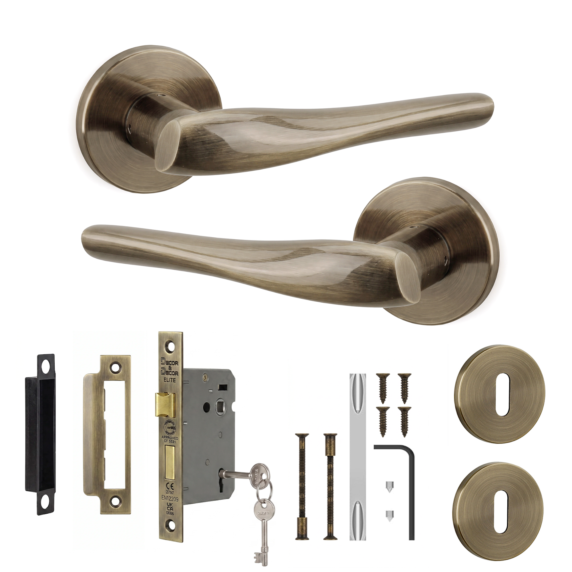 Nanda Antique Brass Privacy Door Lever Handles - Sash Lock Kit 76mm