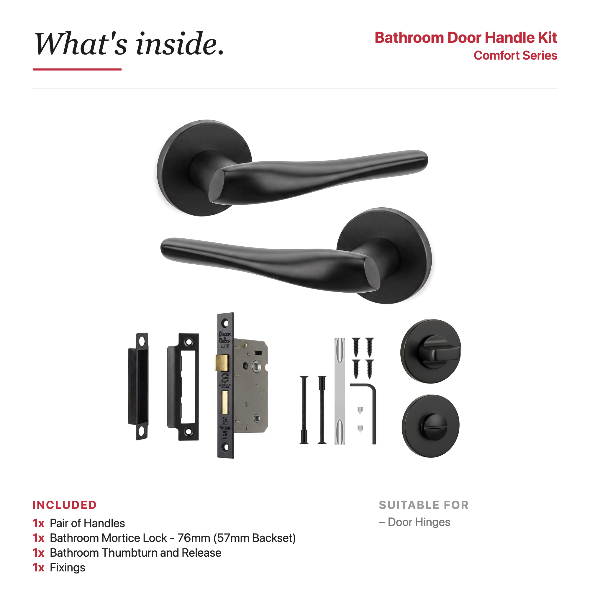 Nanda Matt Black Bathroom Door Lever Handles – showing what's included in the box