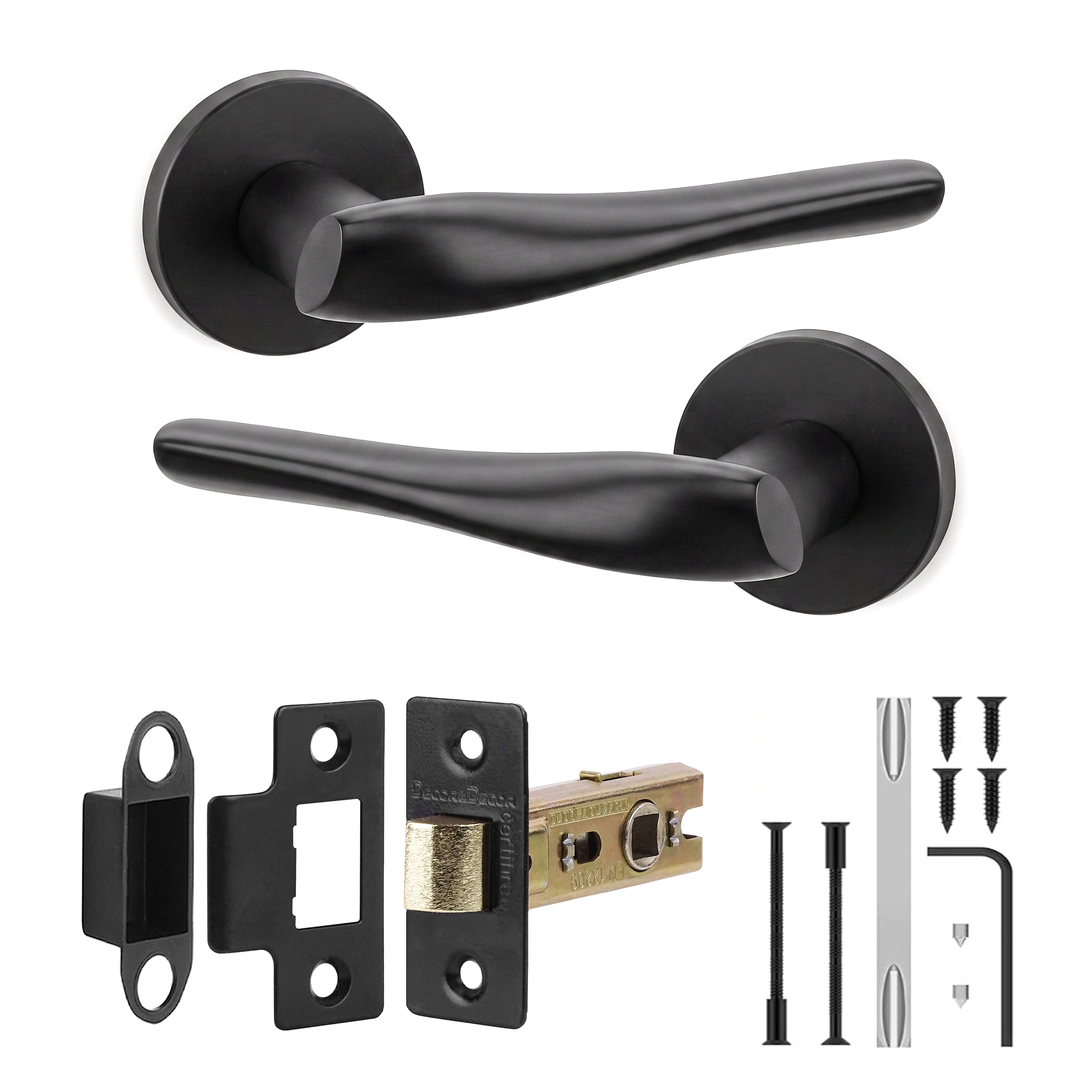 Nanda Matt Black Passage Door Lever Handles - Latch Kit 76mm