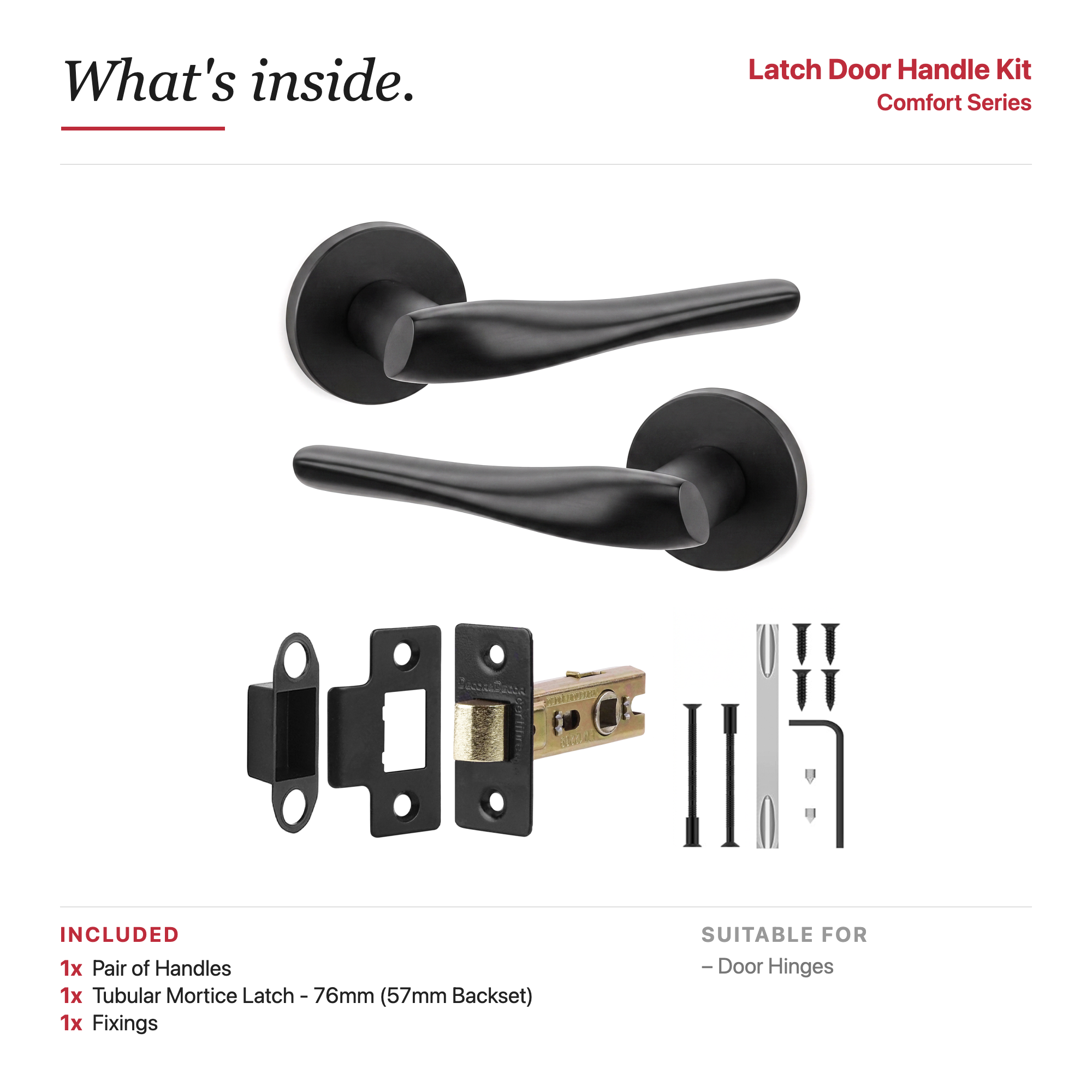Nanda Matt Black Passage Door Lever Handles – showing what's included in the box