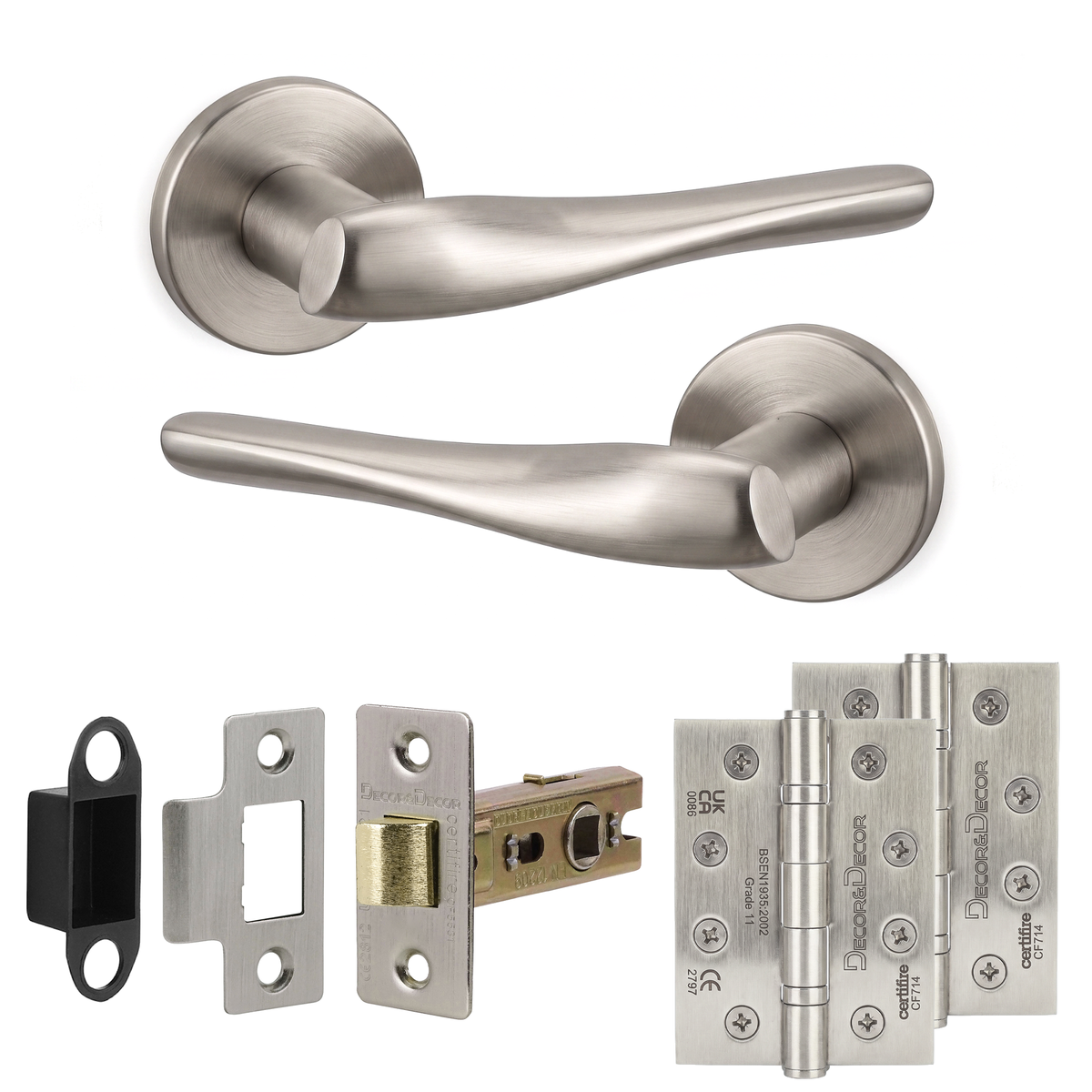 Nanda Satin Nickel Passage Door Lever Handles - Hinge Kit 102mm