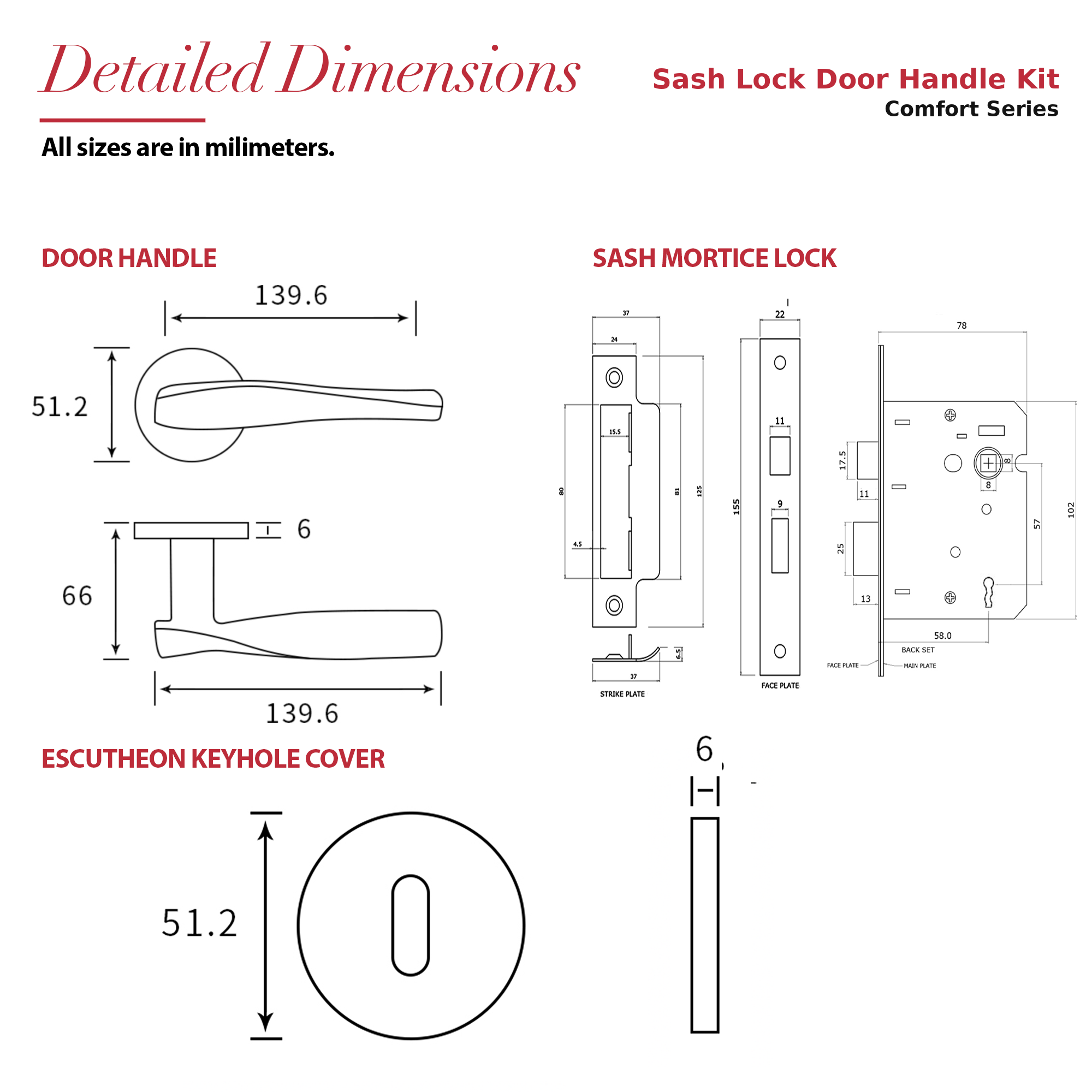 Nanda Satin Nickel Privacy Door Lever Handles – dimensions and measurements diagram