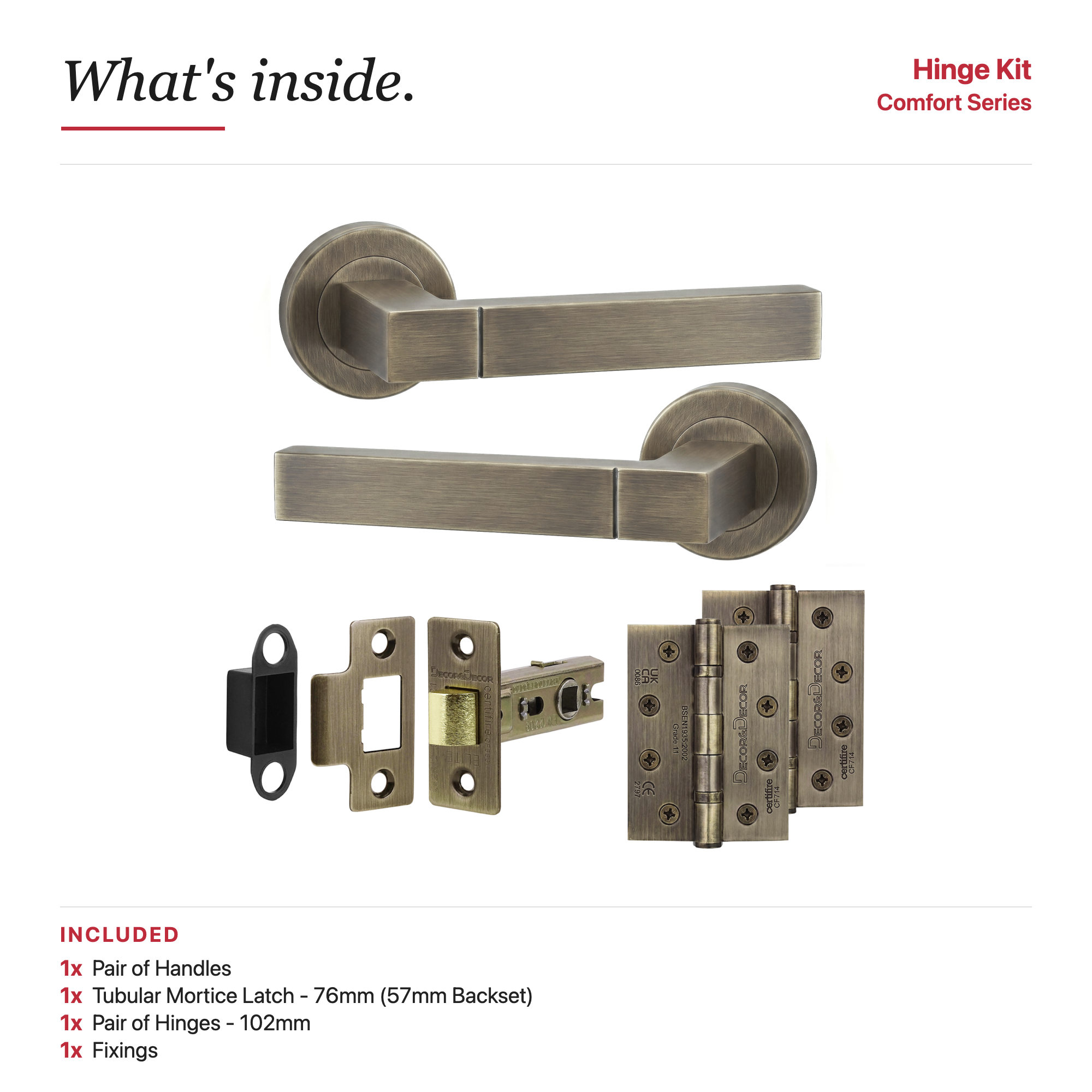 Lumina Antique Brass Passage Door Lever Handles – showing what's included in the box