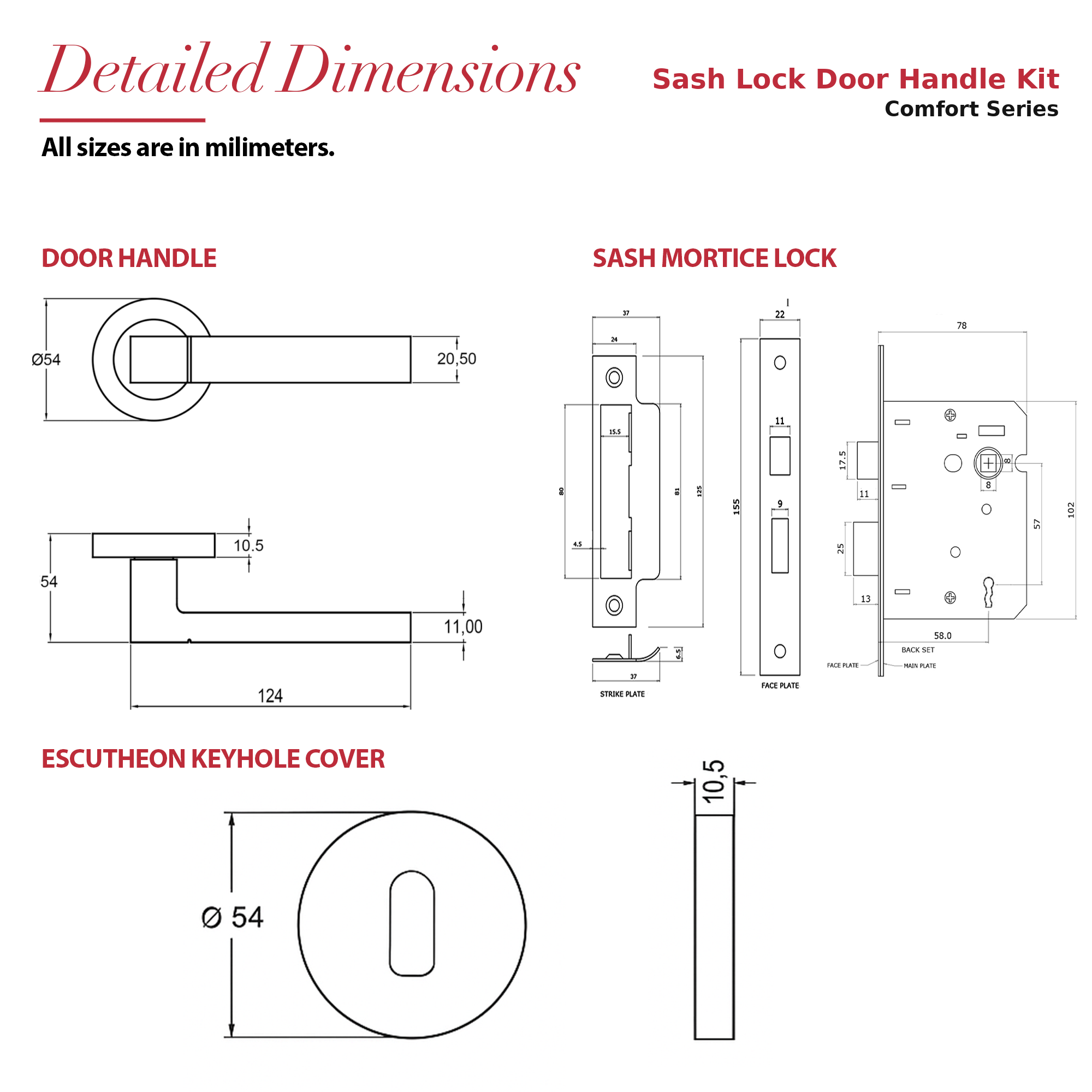 Lumina Satin Nickel Privacy Door Lever Handles – dimensions and measurements diagram
