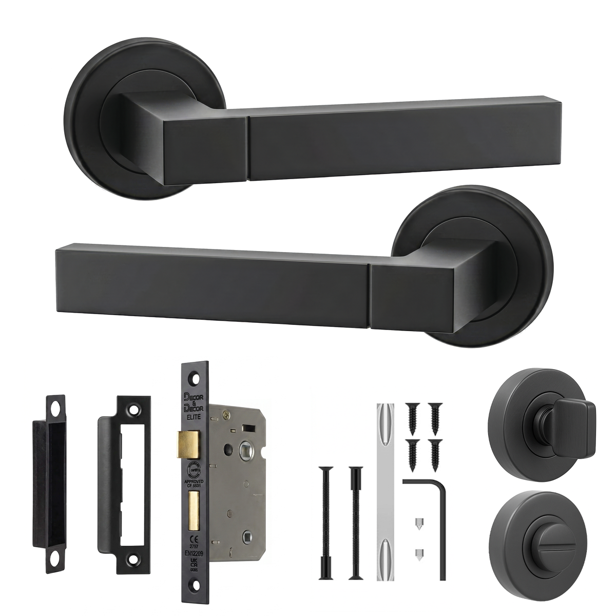 Lumina Matt Black Bathroom Door Lever Handles - Bathroom Kit 76mm