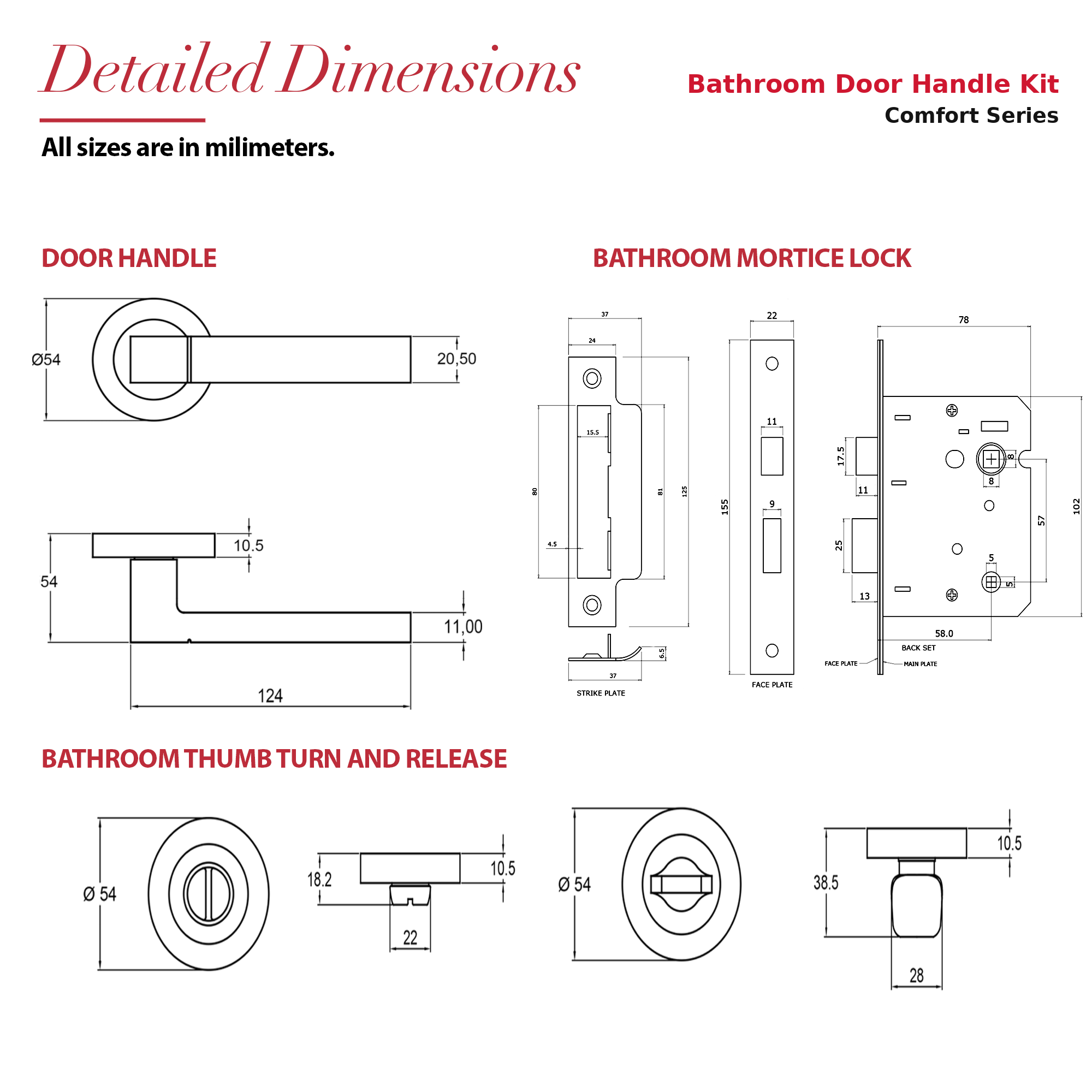 Lumina Matt Black Bathroom Door Lever Handles – dimensions and measurements diagram