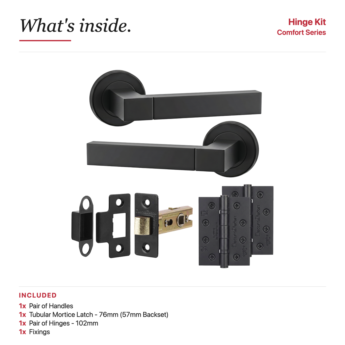 Lumina Matt Black Passage Door Lever Handles – showing what's included in the box