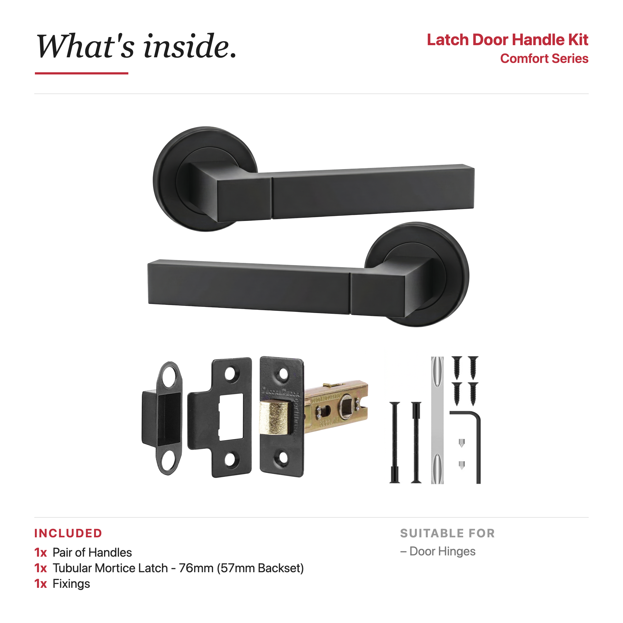 Lumina Matt Black Passage Door Lever Handles – showing what's included in the box