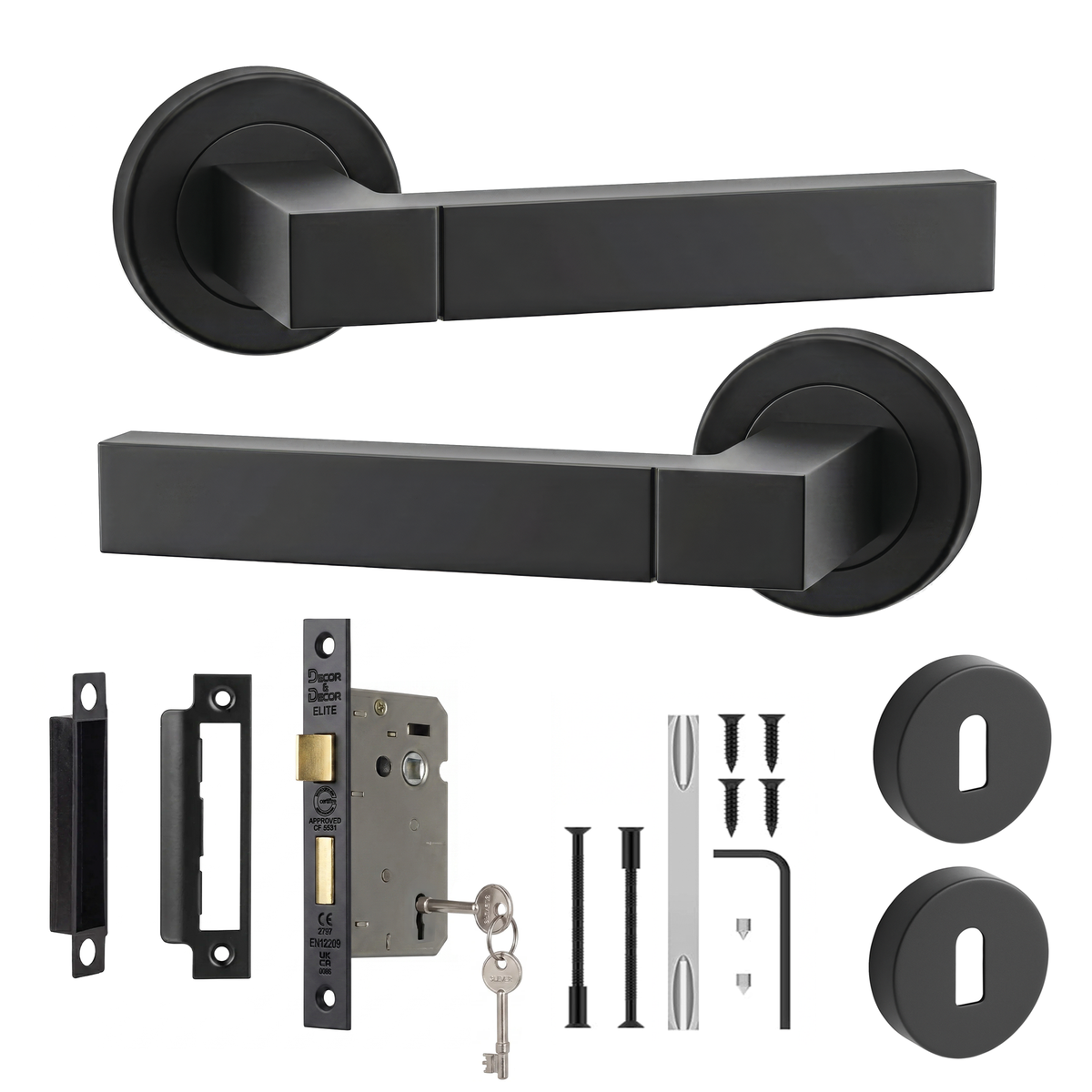 Lumina Matt Black Privacy Door Lever Handles - Sash Lock Kit 76mm