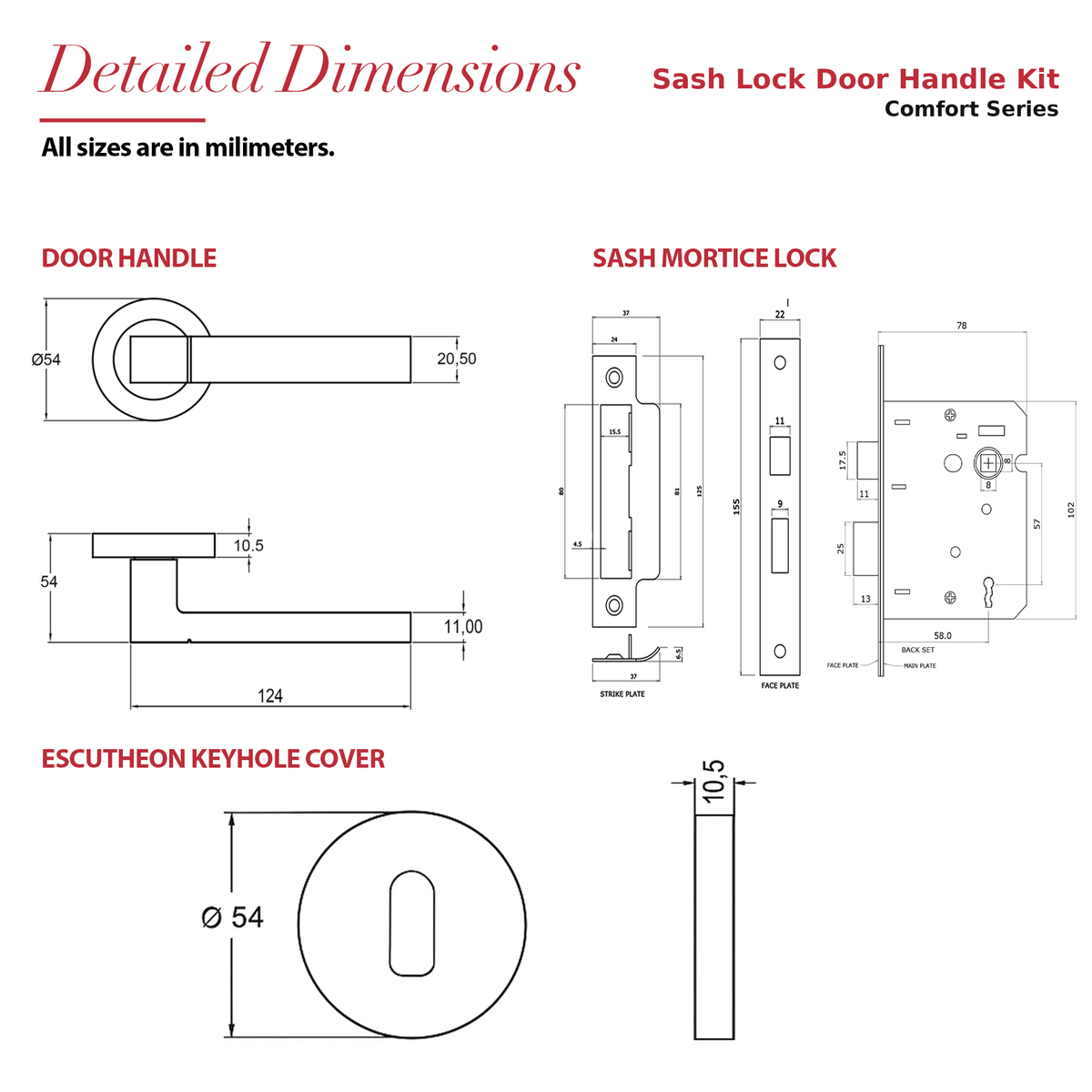 Lumina Matt Black Privacy Door Lever Handles – dimensions and measurements diagram