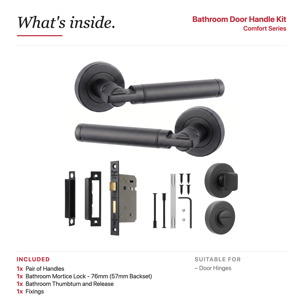 Enigma Matt Black Bathroom Door Lever Handles – showing what's included in the box