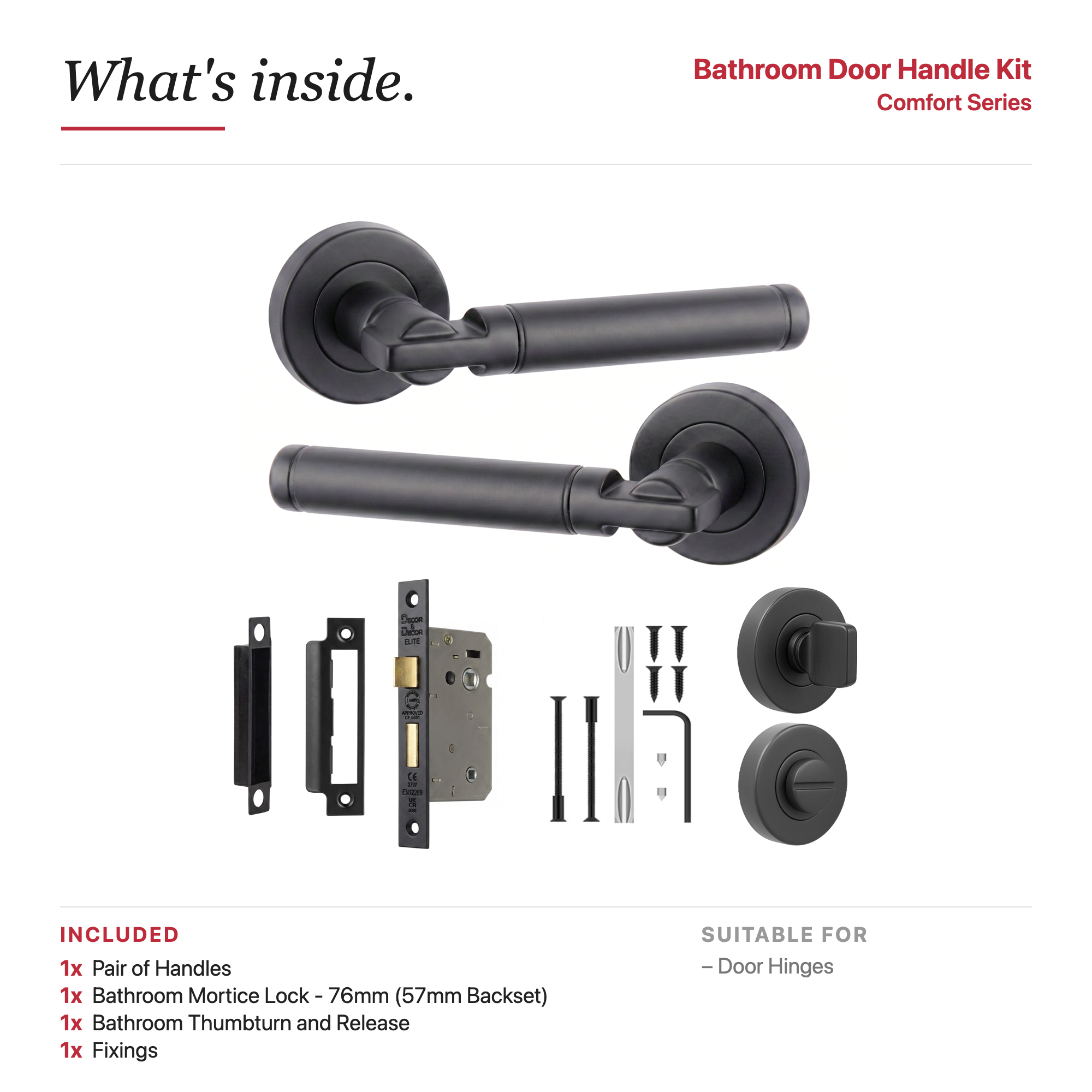 Enigma Matt Black Bathroom Door Lever Handles – showing what's included in the box