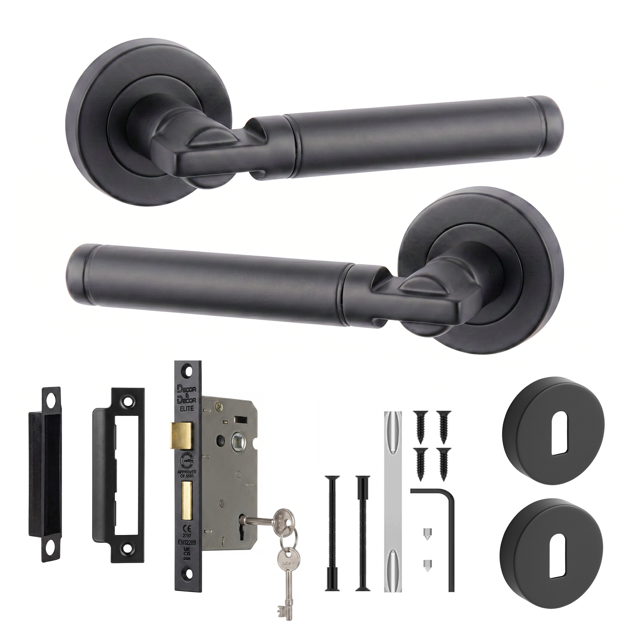 Enigma Matt Black Privacy Door Lever Handles - Sash Lock Kit 76mm