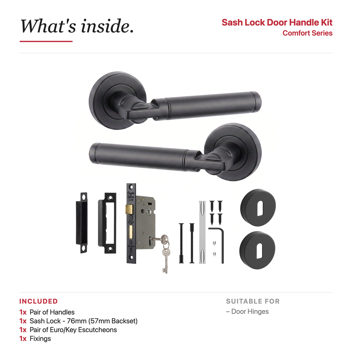 Enigma Matt Black Privacy Door Lever Handles – showing what's included in the box