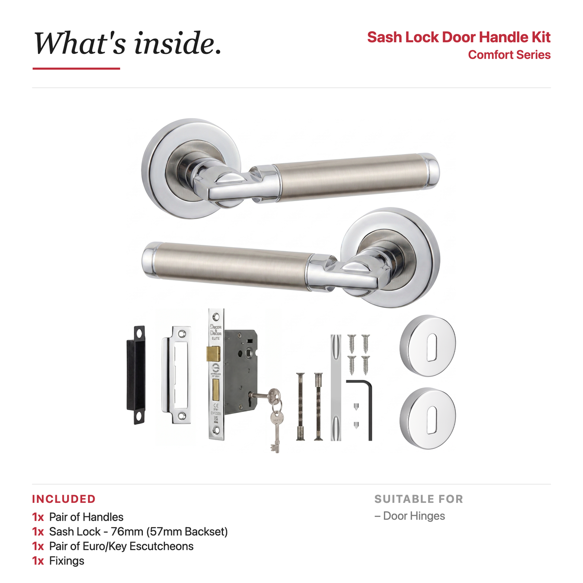 Enigma Duo Finish Privacy Door Lever Handles – showing what's included in the box
