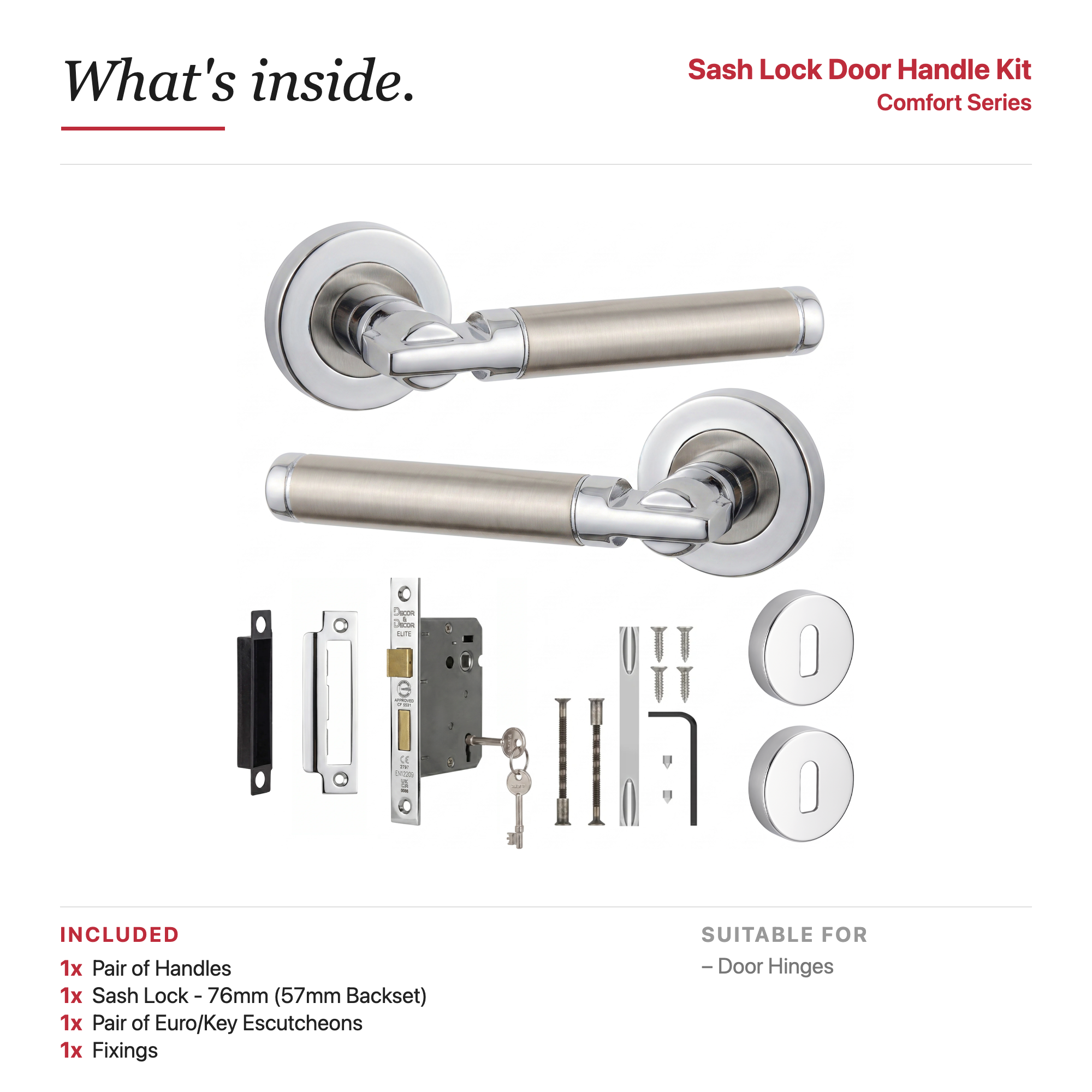 Enigma Duo Finish Privacy Door Lever Handles – showing what's included in the box
