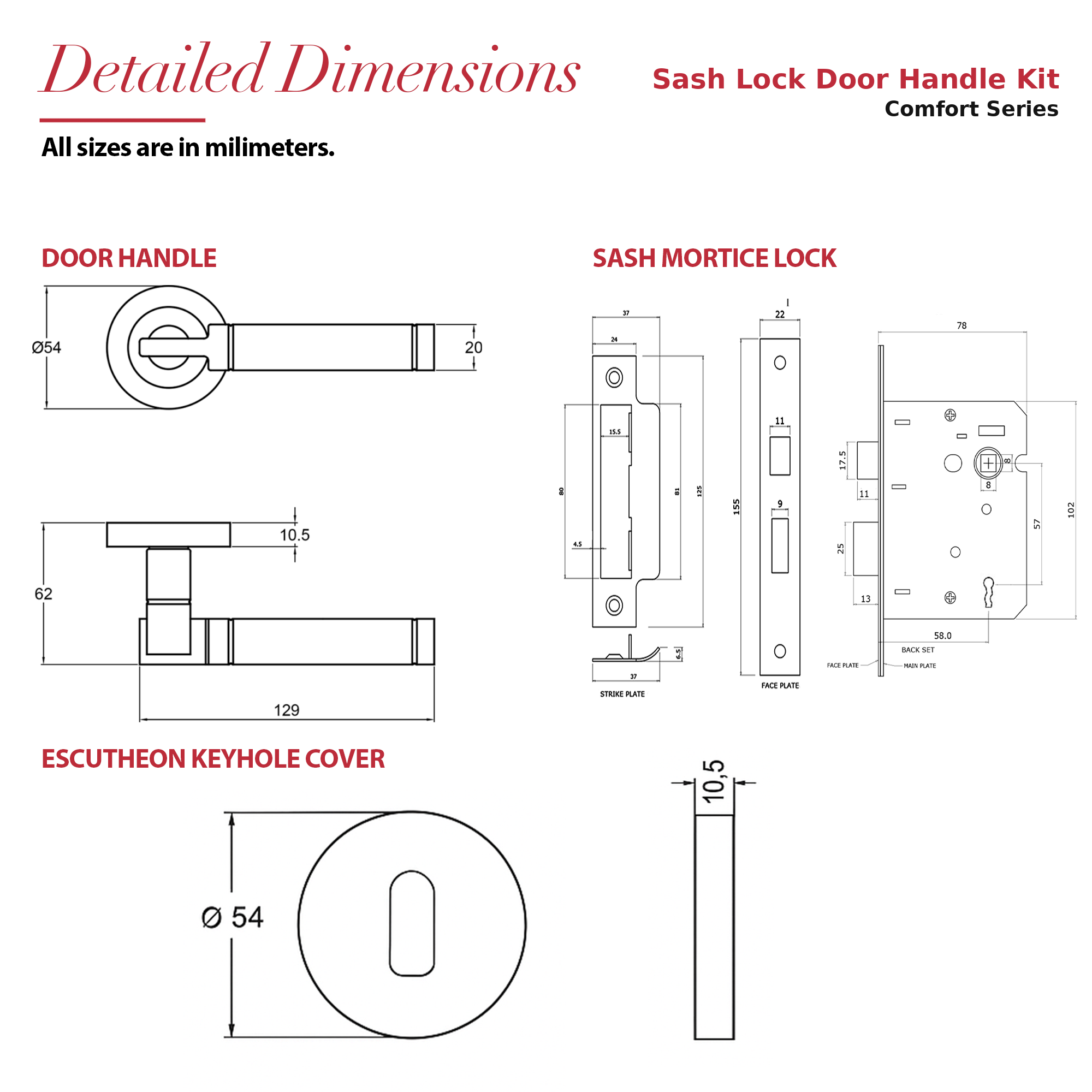 Enigma Duo Finish Privacy Door Lever Handles – dimensions and measurements diagram