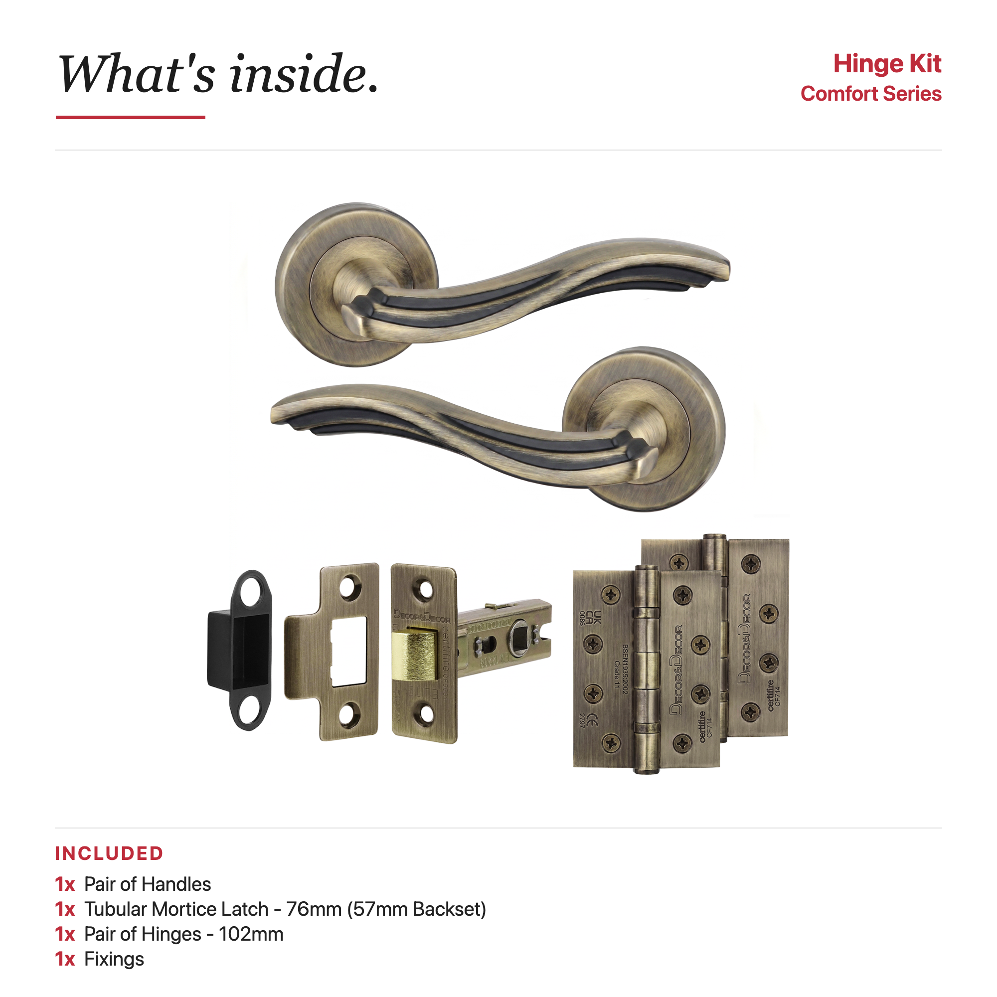 Solace Antique Brass Passage Door Lever Handles – showing what's included in the box