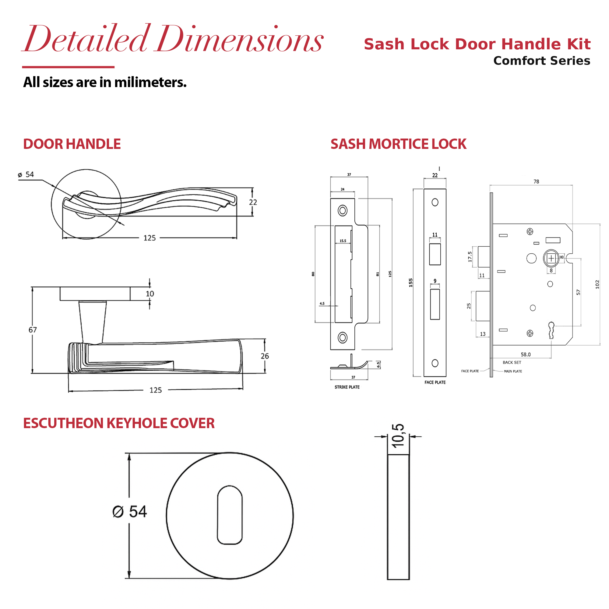 Solace Antique Brass Privacy Door Lever Handles – dimensions and measurements diagram