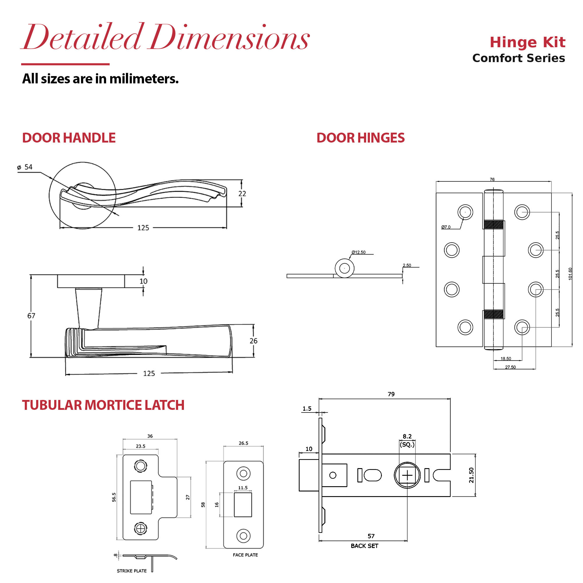 Solace Satin Nickel Passage Door Lever Handles – dimensions and measurements diagram