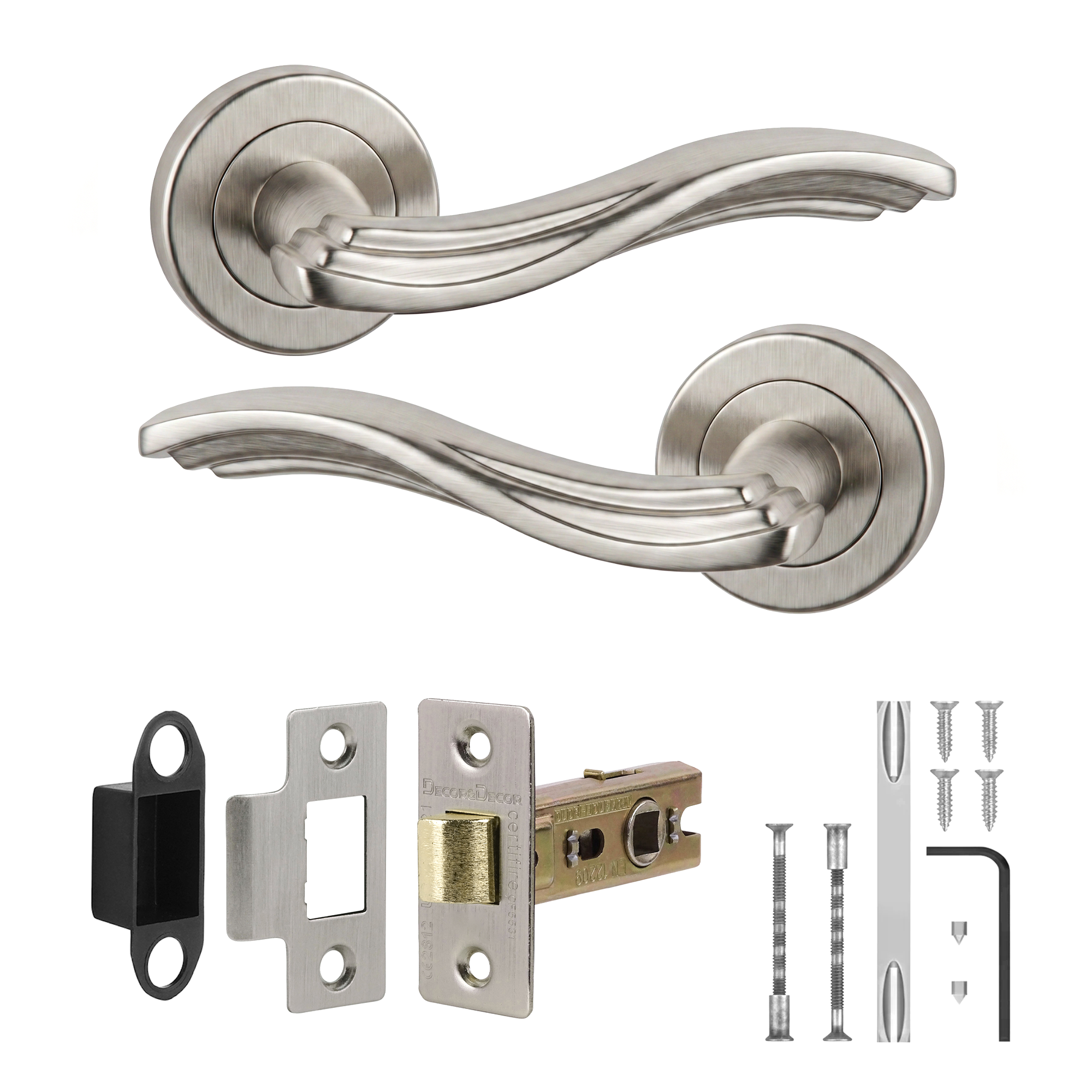 Solace Satin Nickel Passage Door Lever Handles - Latch Kit 76mm