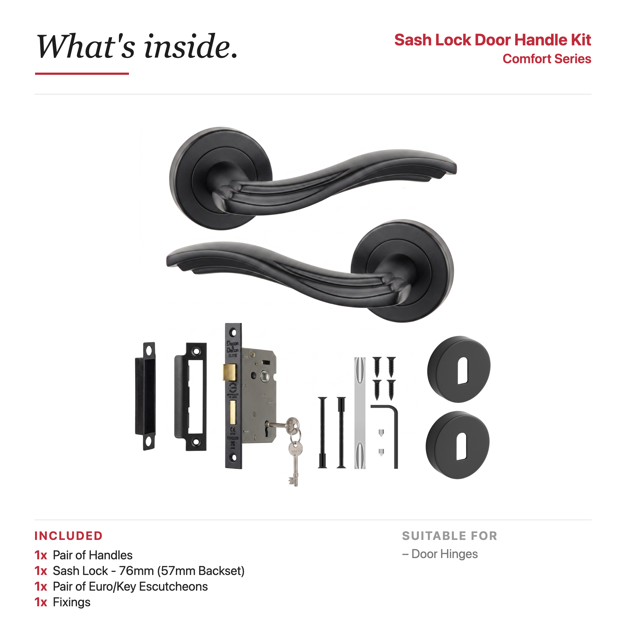 Solace Matt Black Privacy Door Lever Handles – showing what's included in the box