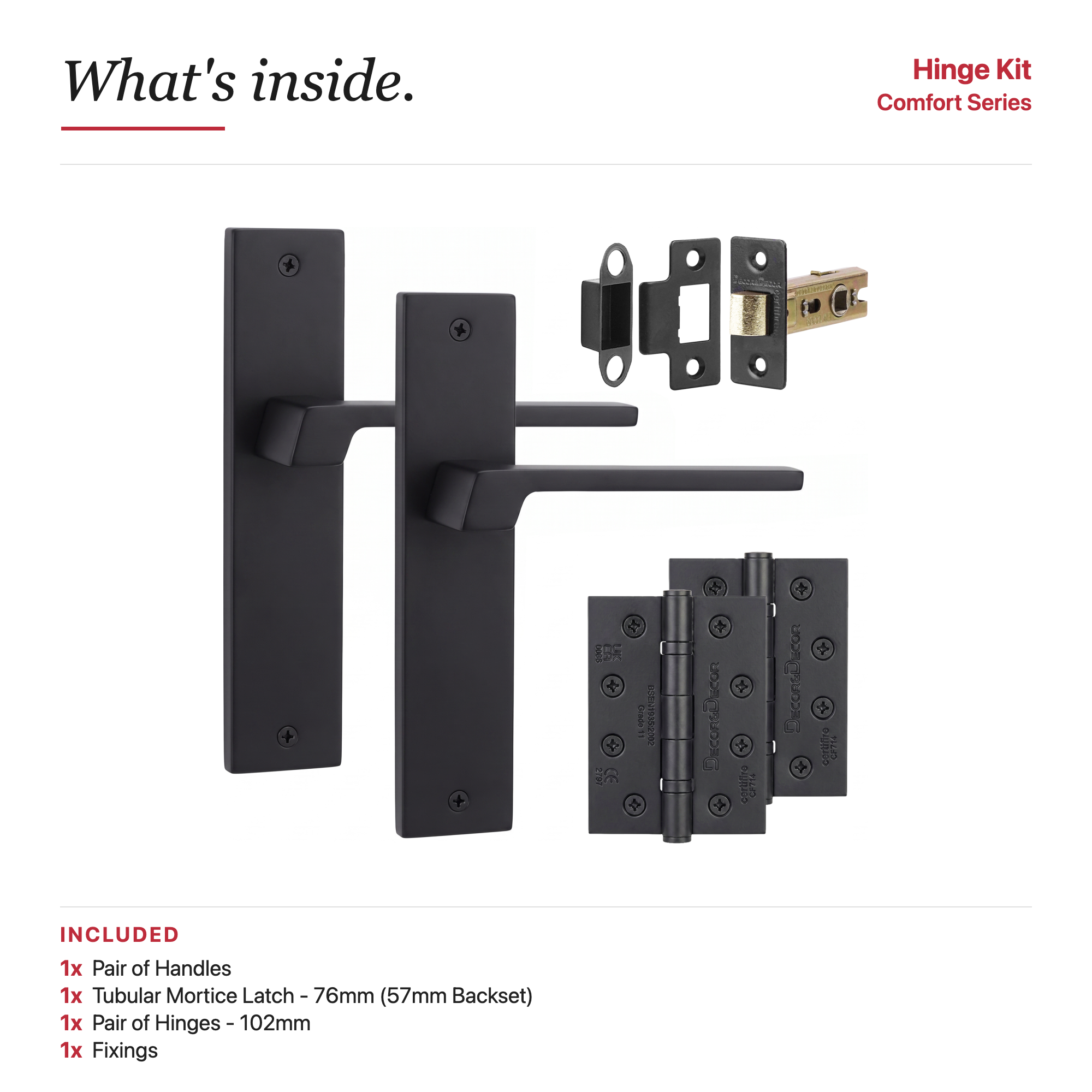 Spectra Matt Black Passage Door Lever Handles on Backplate – showing what's included in the box