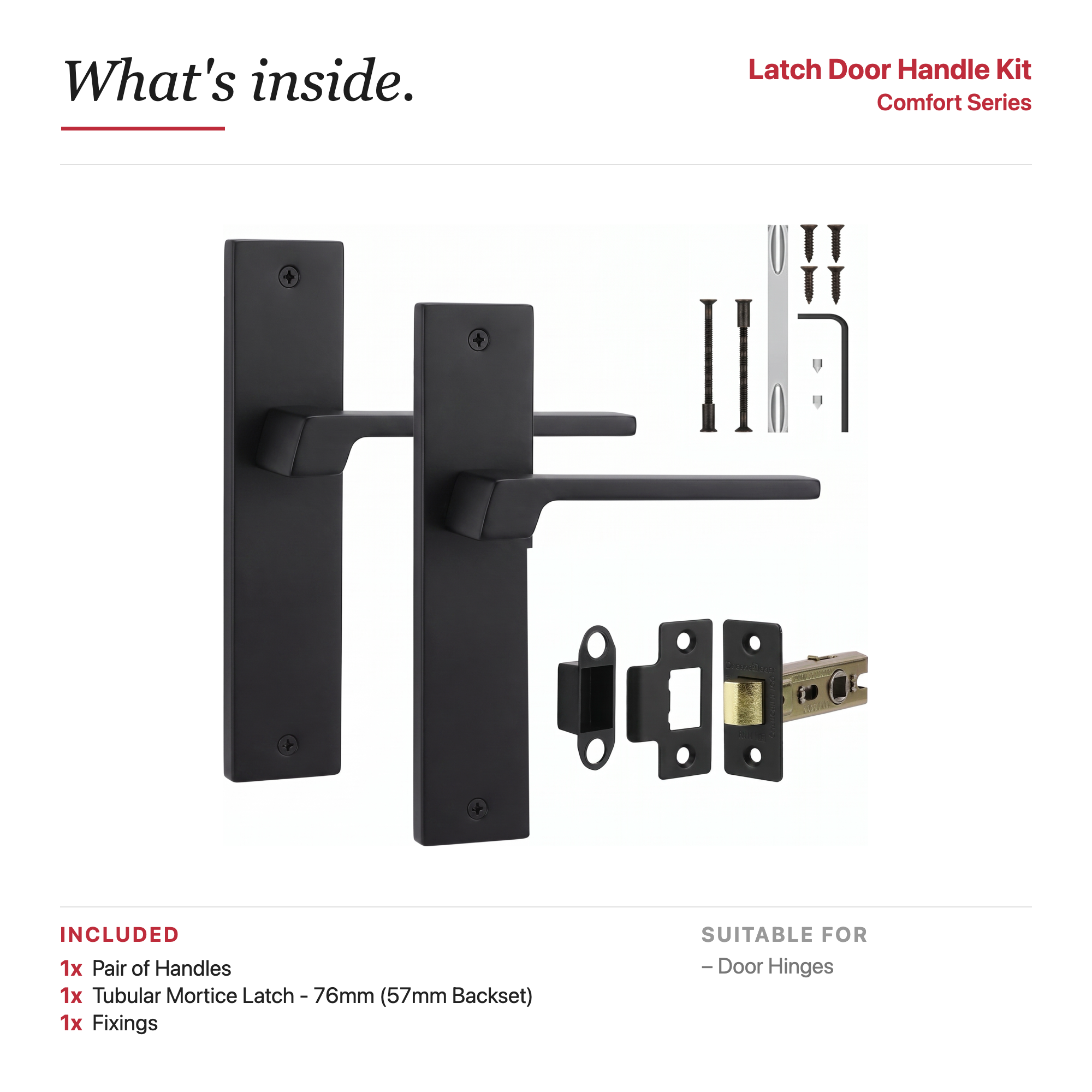 Spectra Matt Black Passage Door Lever Handles on Backplate – showing what's included in the box