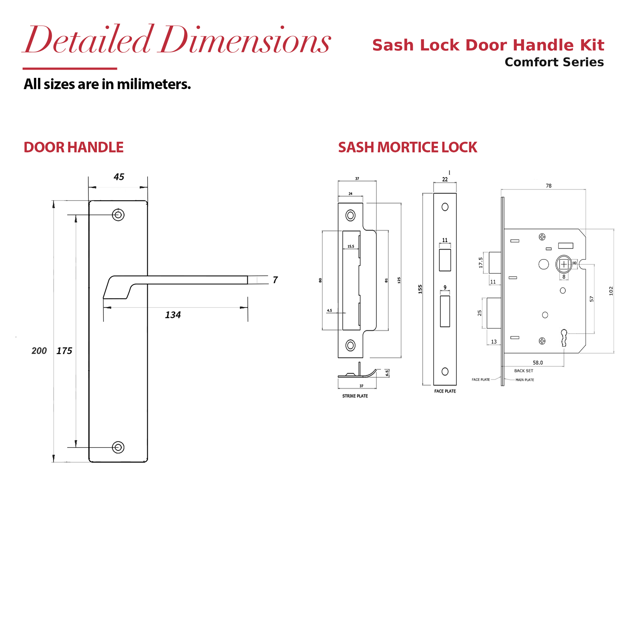 Spectra Matt Black Privacy Door Lever Handles on Backplate – dimensions and measurements diagram