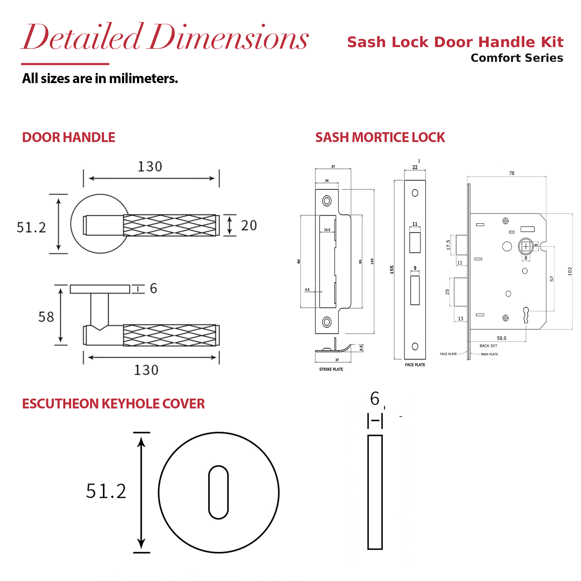 Tore Matt Black Privacy Door Lever Handles – dimensions and measurements diagram