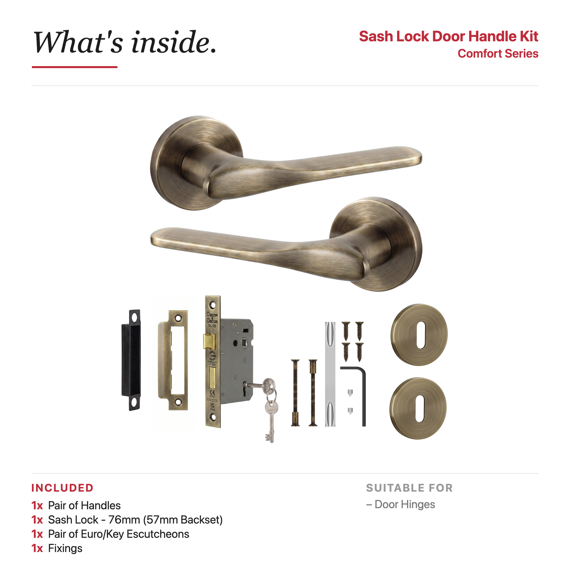 Verita Antique Brass Privacy Door Lever Handles – showing what's included in the box