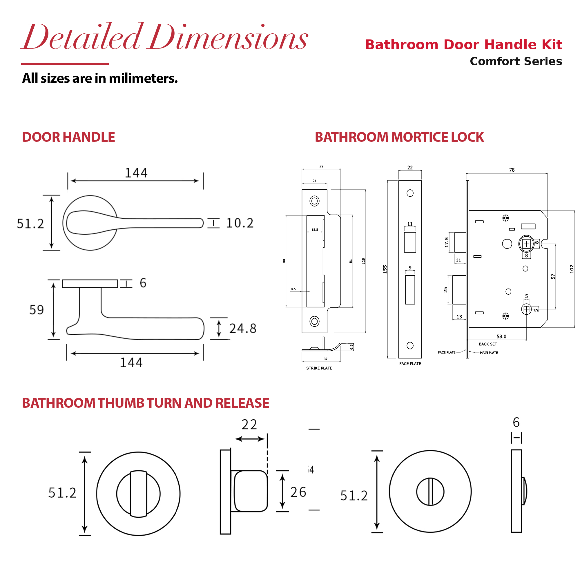 Verita Matt Black Bathroom Door Lever Handles – dimensions and measurements diagram