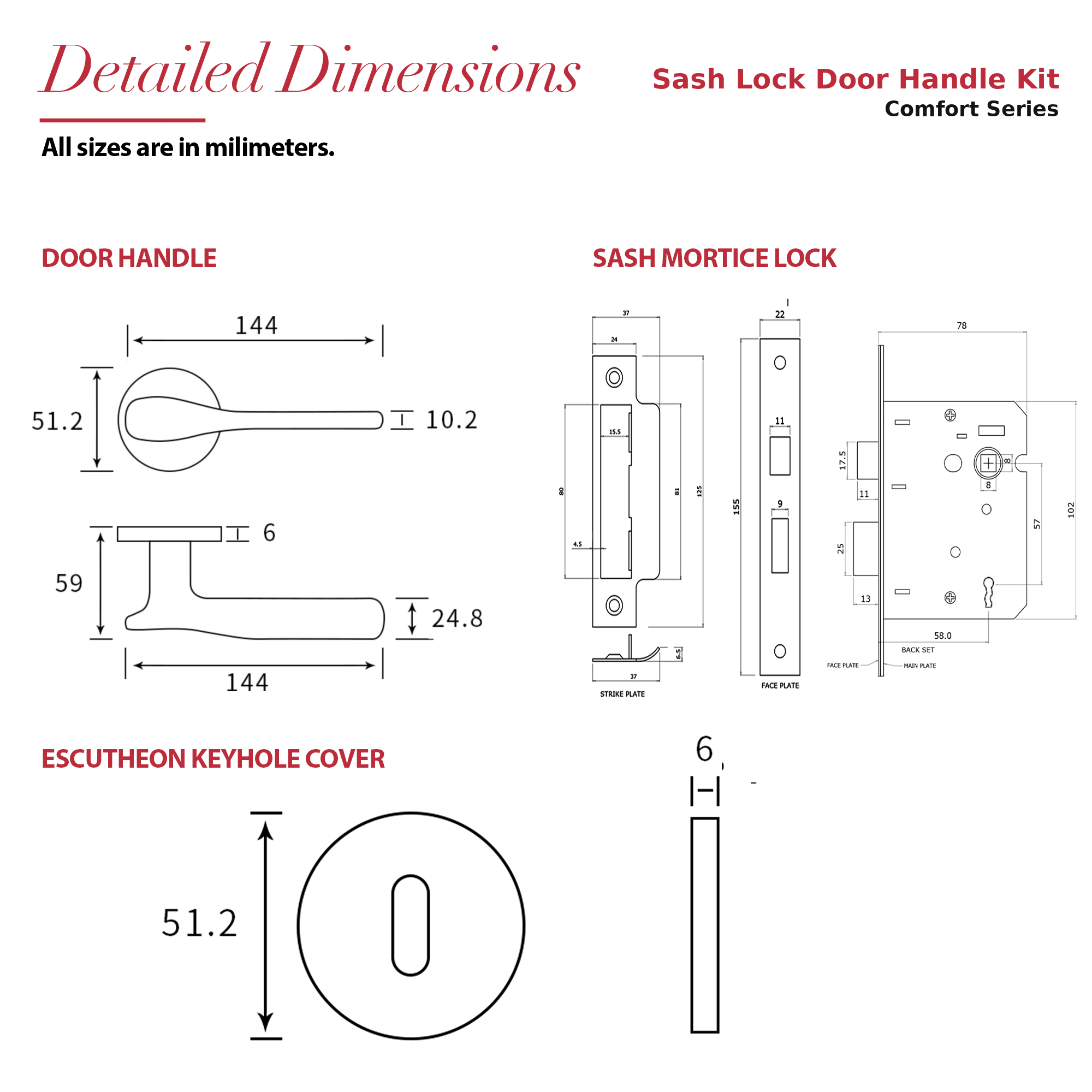 Verita Matt Black Privacy Door Lever Handles – dimensions and measurements diagram