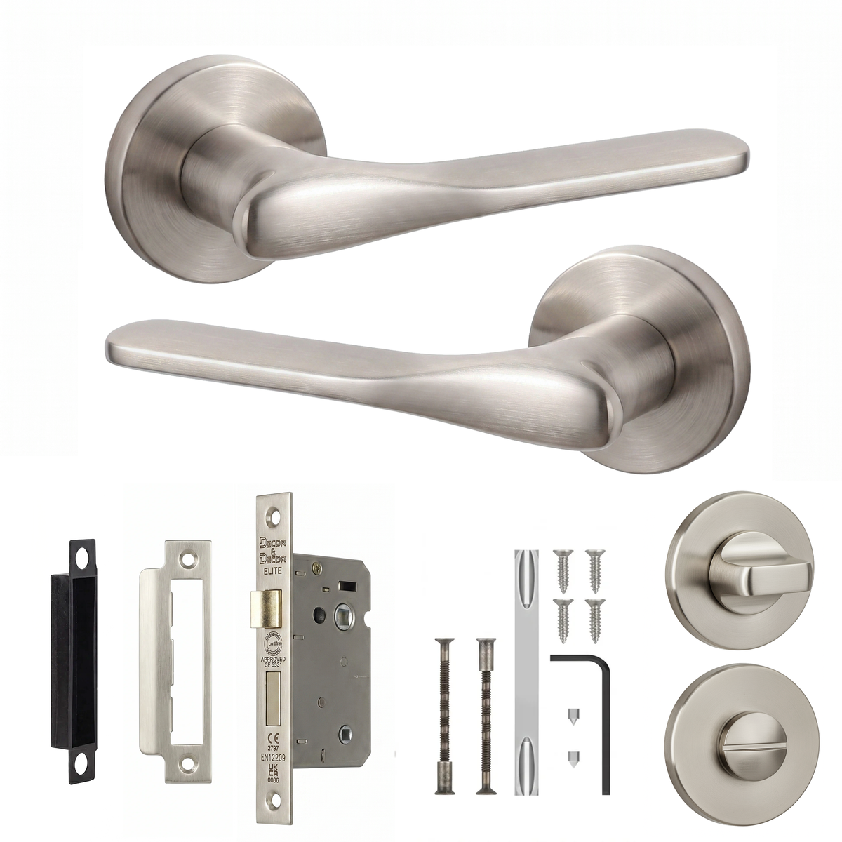 Verita Satin Nickel Bathroom Door Lever Handles - Bathroom Kit 76mm