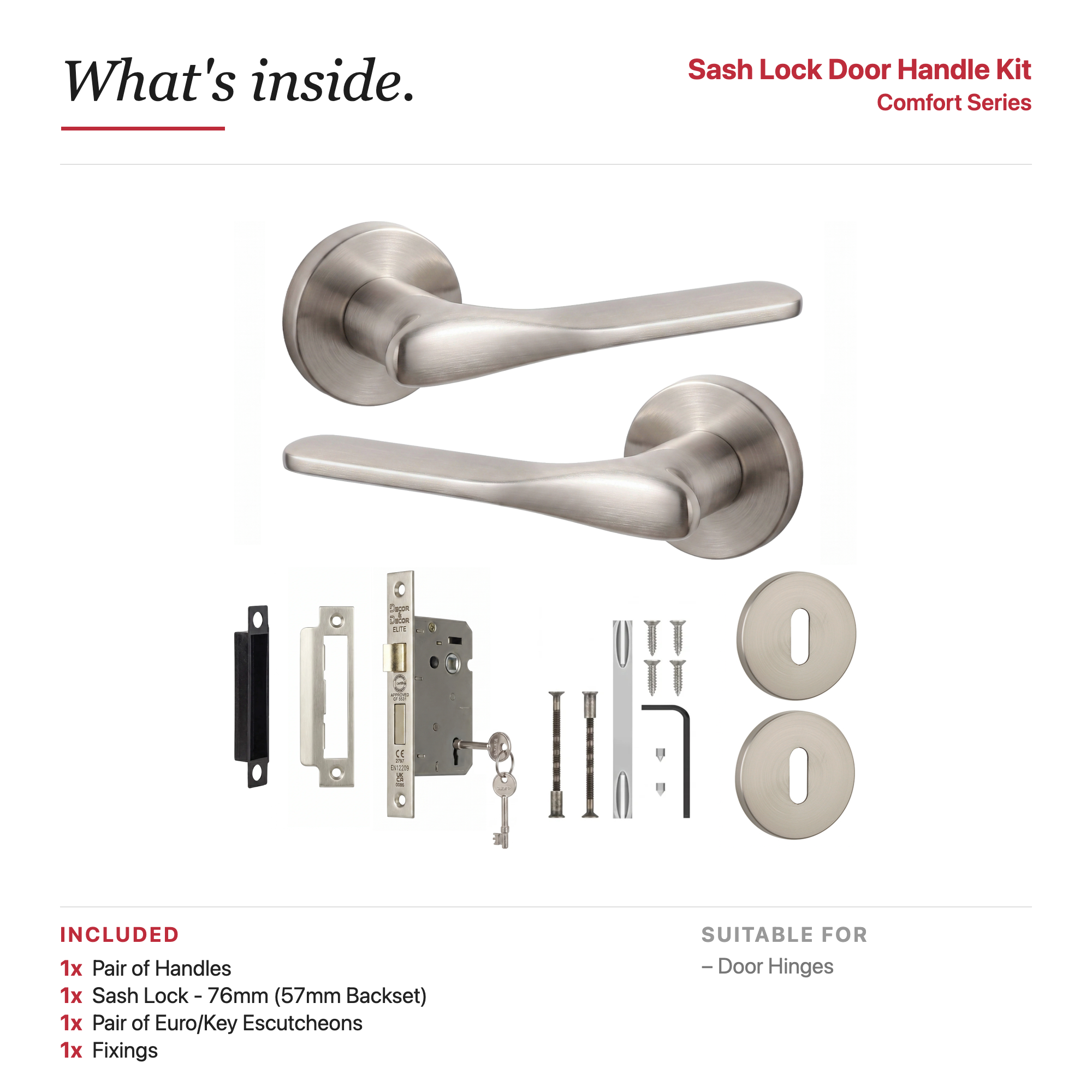 Verita Satin Nickel Privacy Door Lever Handles – showing what's included in the box