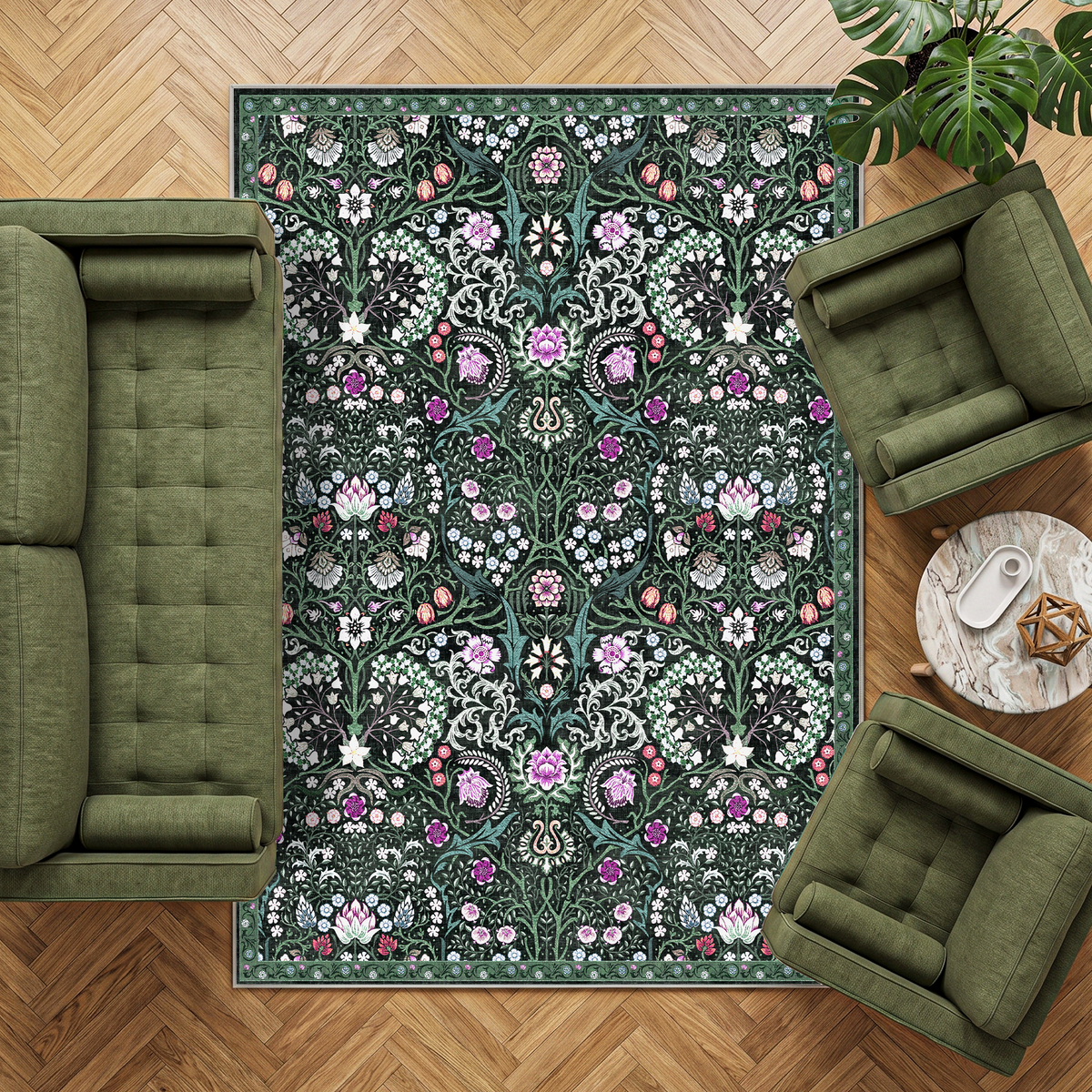 Cleo - Dark Botanical Floral Washable Large Living Room Rug - 160x230cm – view 8