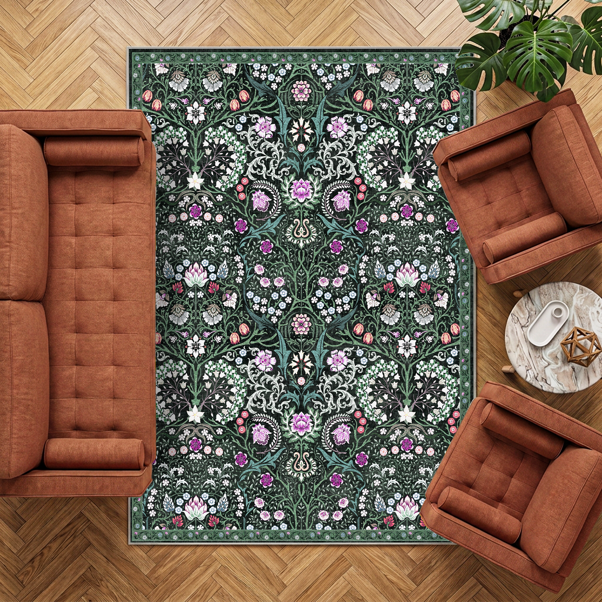 Cleo - Dark Botanical Floral Washable Large Living Room Rug - 160x230cm – view 2