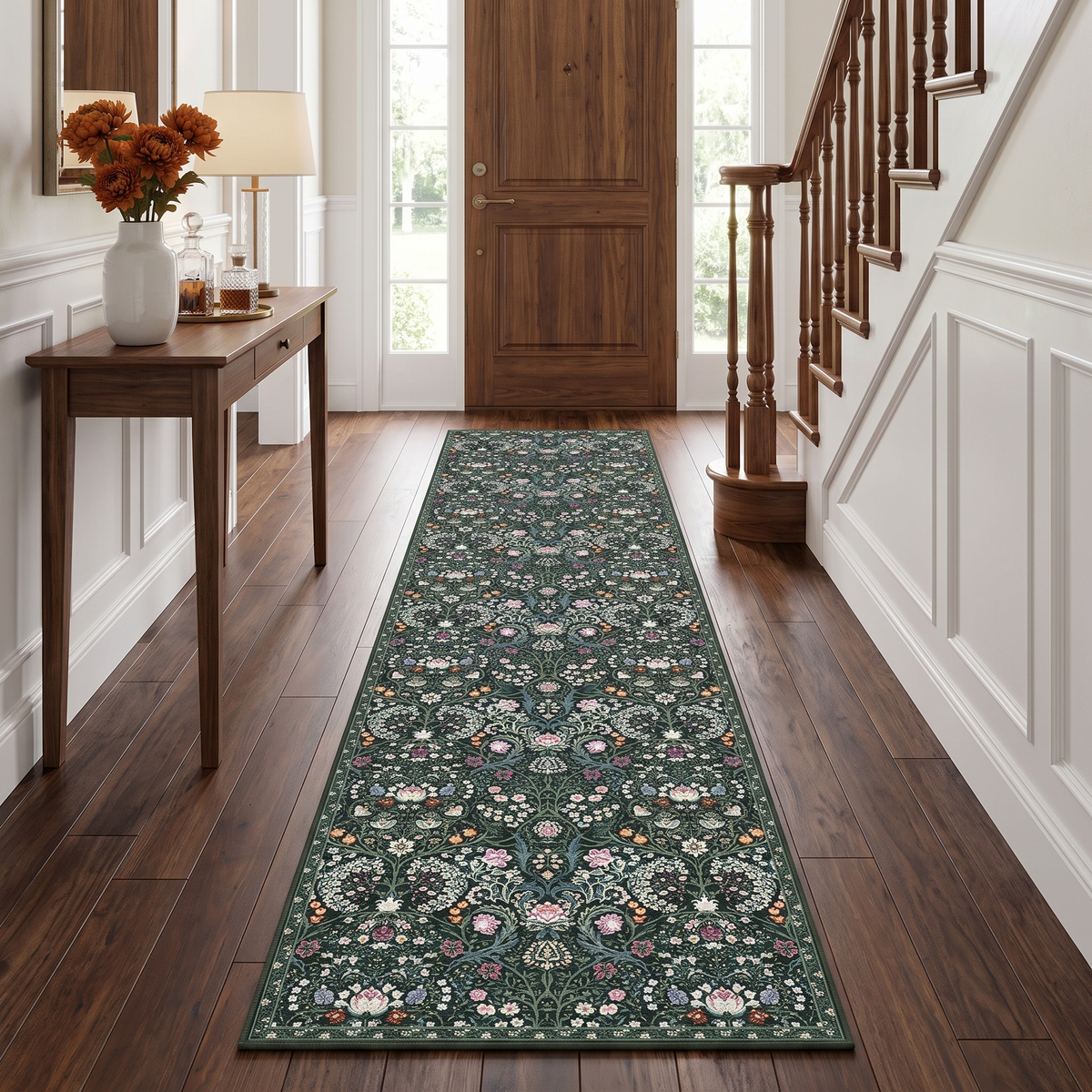 Cleo - Dark Botanical Floral Washable Runner Hallway Rug - 60x240cm – view 2