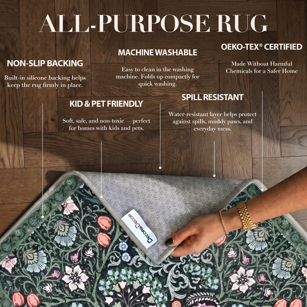 Cleo - Dark Botanical Floral Washable Kitchen Rug - 80x150cm – view 2
