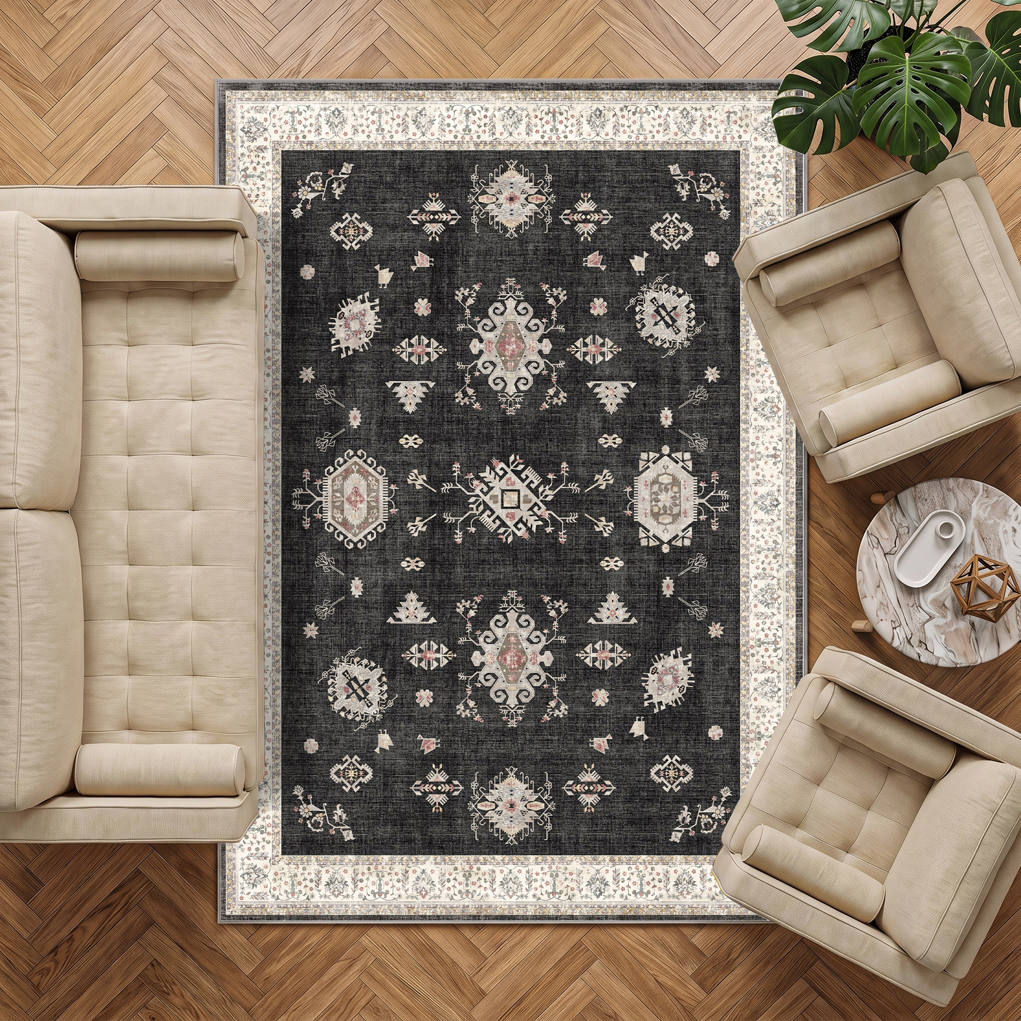 Isla - Charcoal Medallion Washable Large Living Room Rug - 160x230cm – view 2