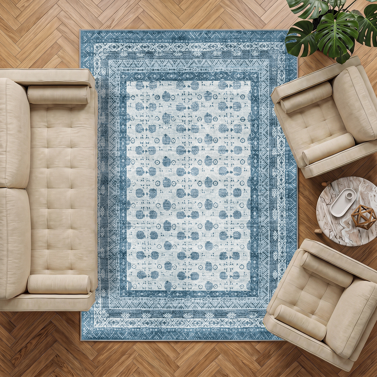Nova - Blue Vintage Persian-Style Washable Large Living Room Rug - 160x230cm – view 2