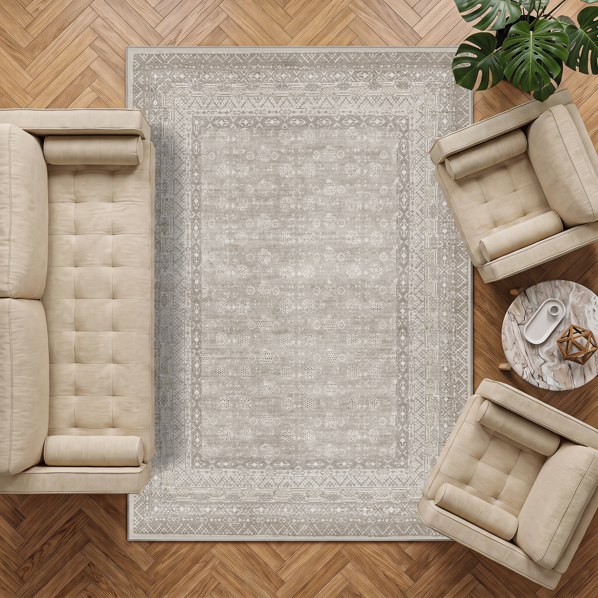 Seren - Neutral Distressed Washable Large Living Room Rug - 160x230cm