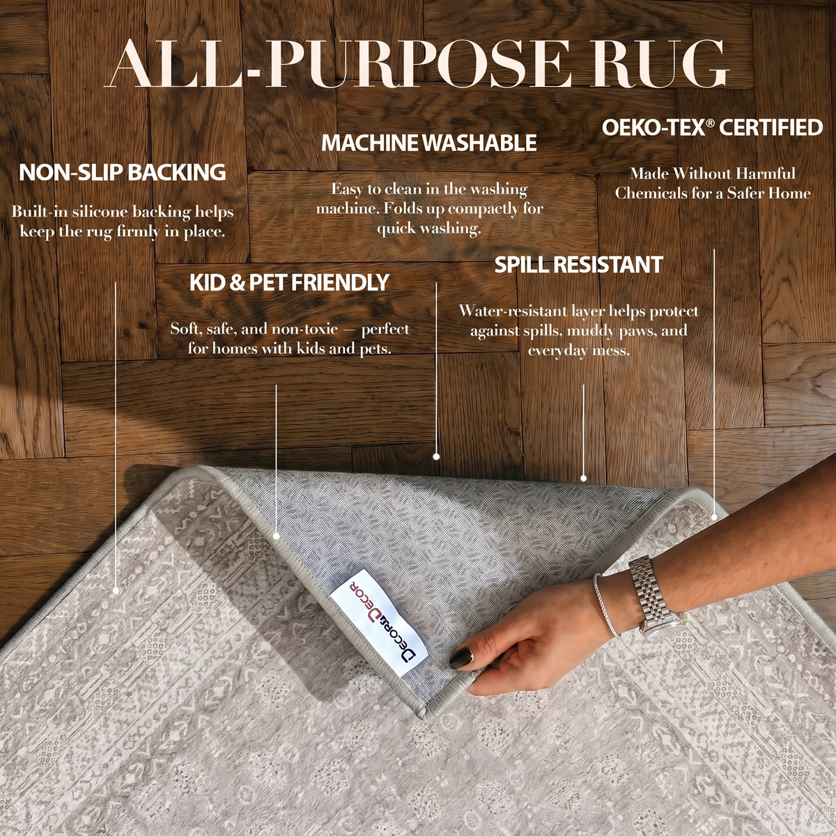 Seren - Neutral Distressed Washable Large Living Room Rug - 160x230cm – view 3